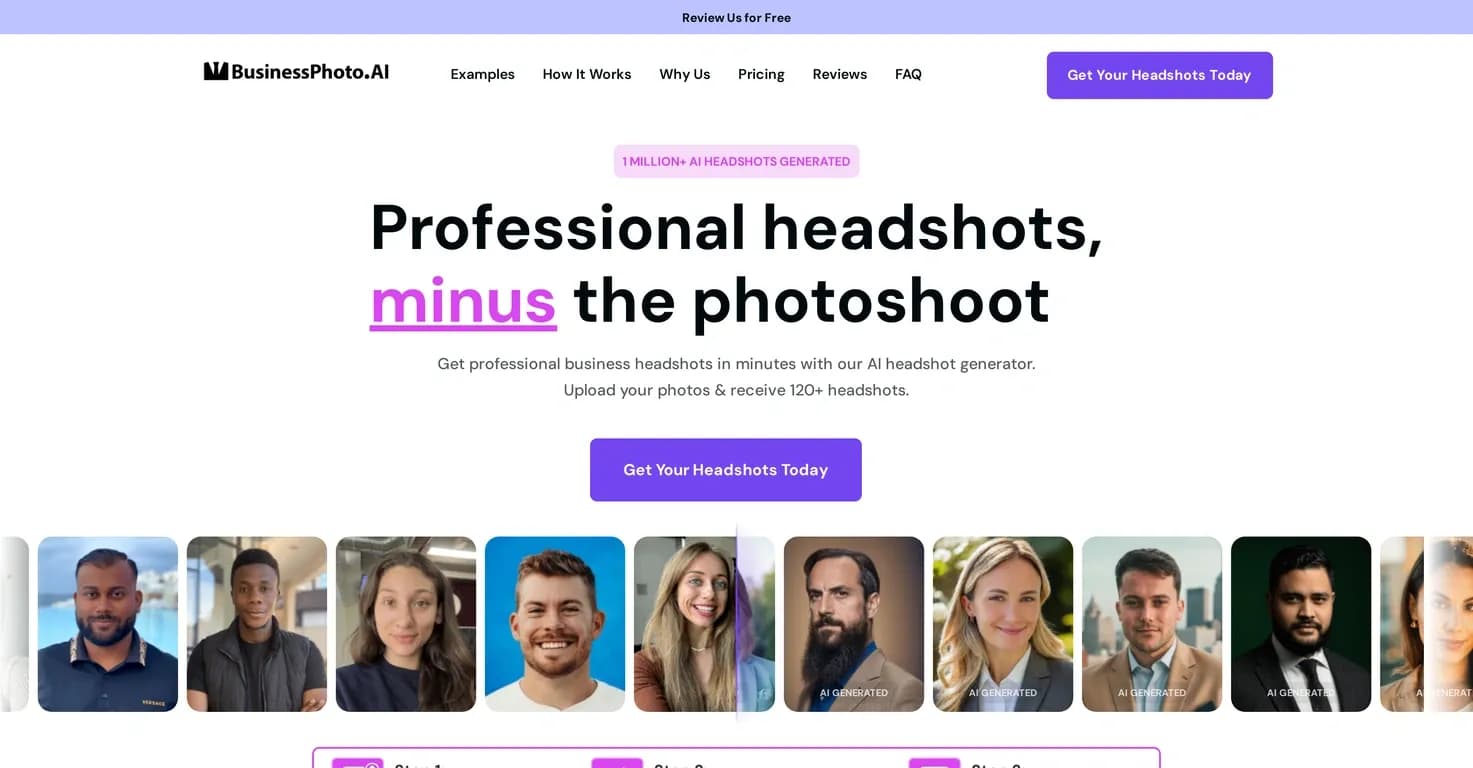Business Photo AI homepage screenshot — Professional headshots, minus the photoshoot.