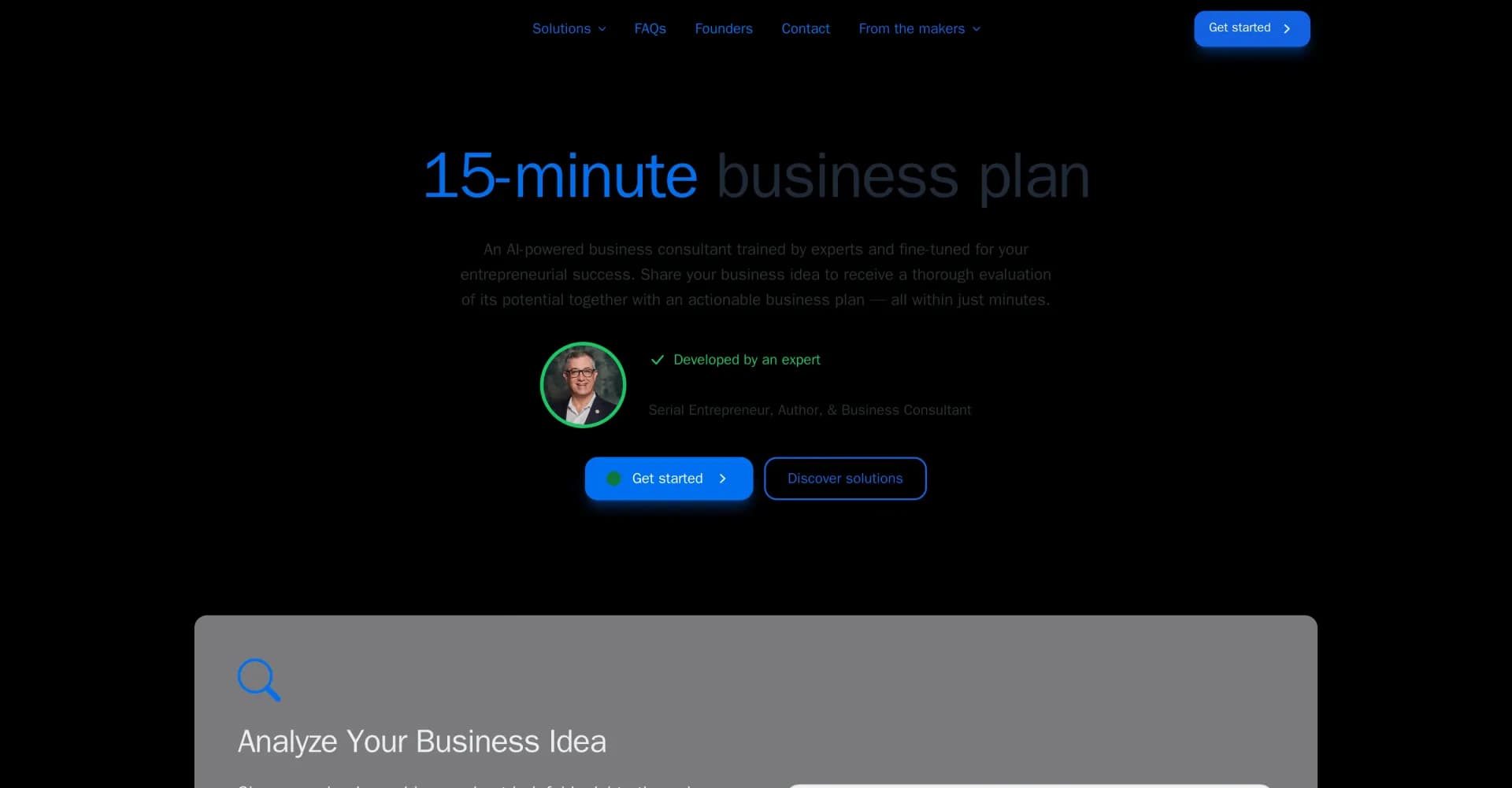 Business Plan Factory homepage screenshot — AI business consultant: Idea to plan in minutes