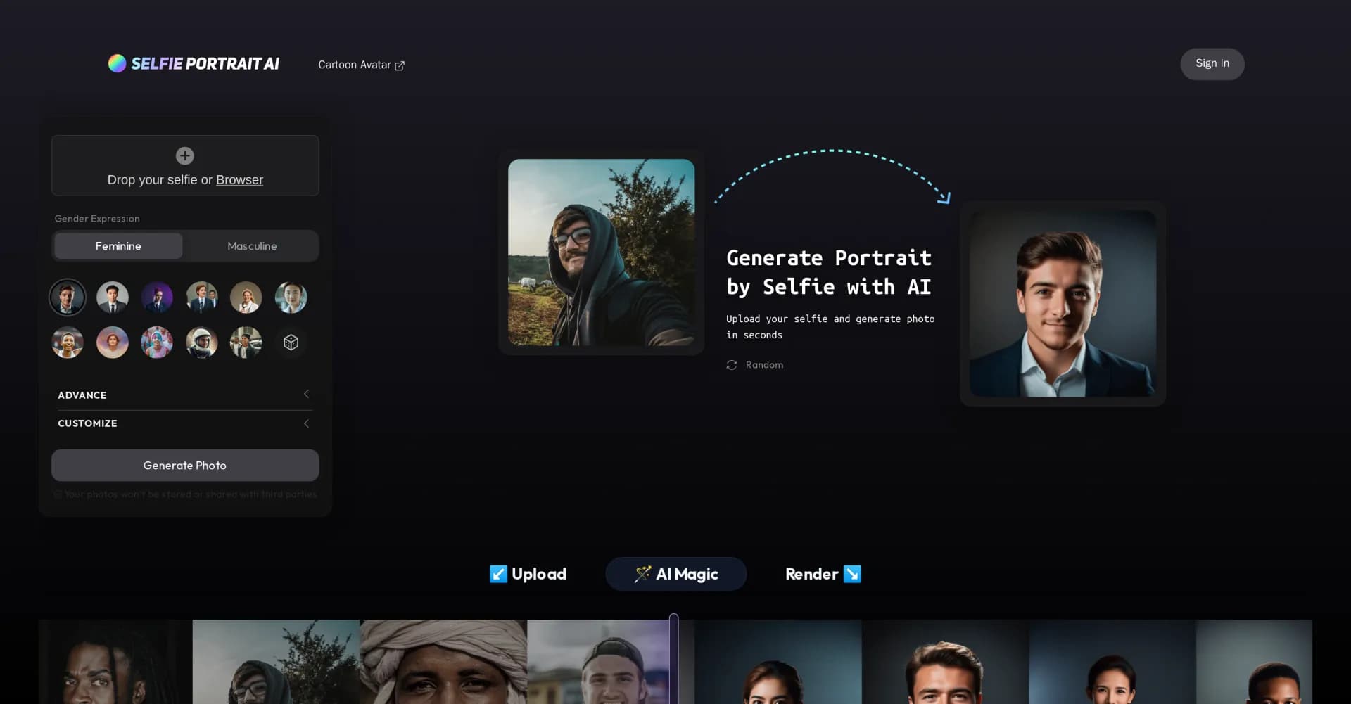 Business Portrait AI homepage screenshot — Create professional business portraits from selfies with AI