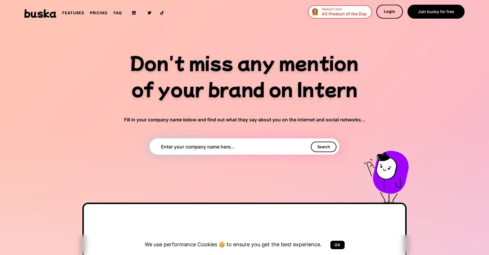 Buska homepage screenshot — Instantly know what's said about your brand online.