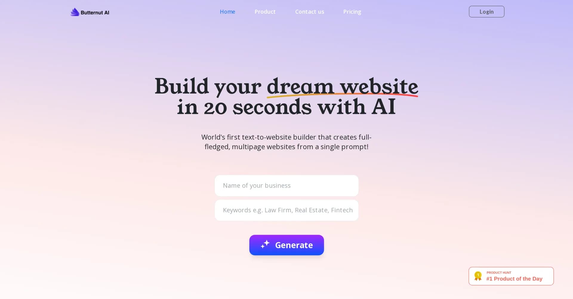 Butternut homepage screenshot — Create stunning websites from a single prompt in seconds