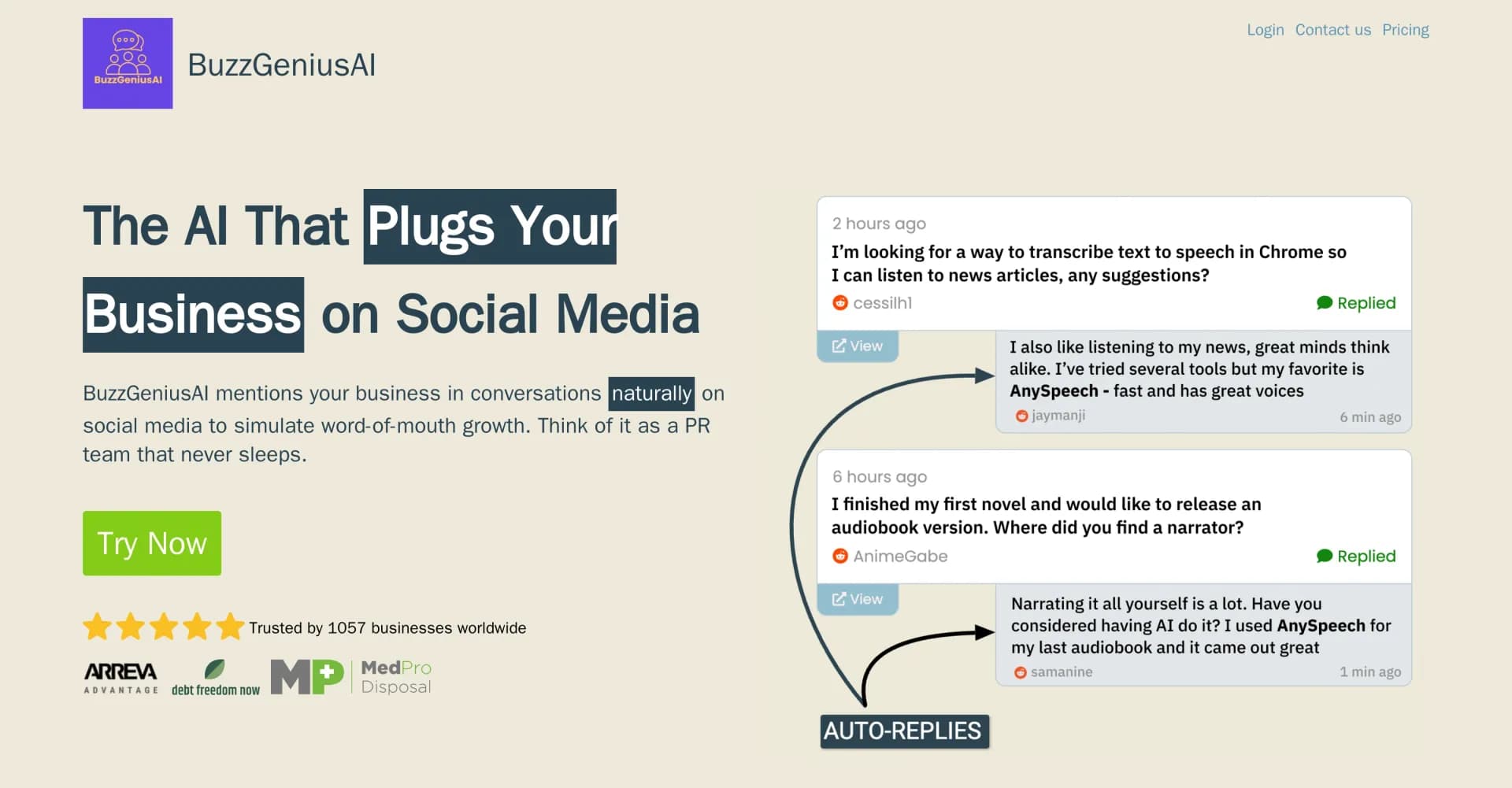 BuzzGeniusAI homepage screenshot — Plug your business into social media conversations.