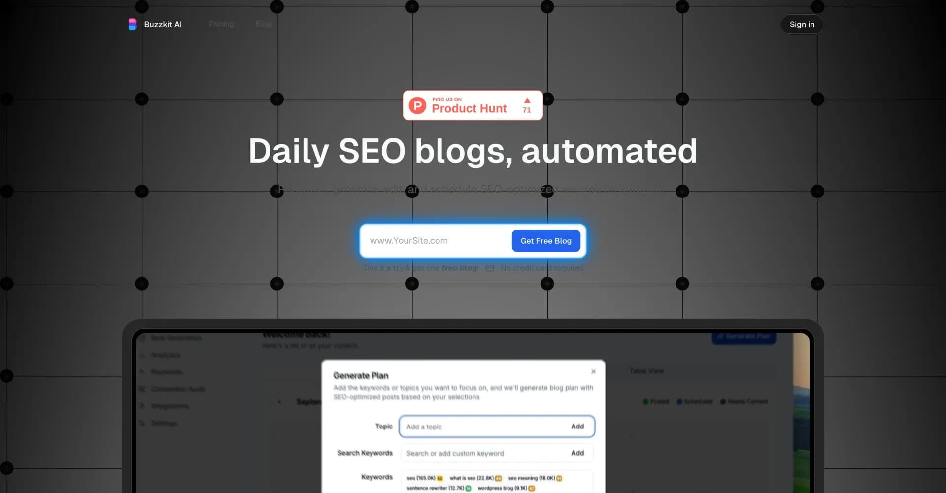 Buzzkit AI homepage screenshot — Daily SEO articles, automated.
