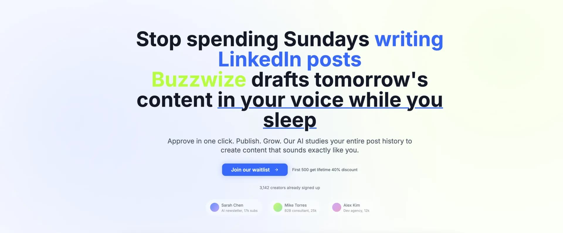 Buzzwize homepage screenshot — AI co-pilot for LinkedIn creators