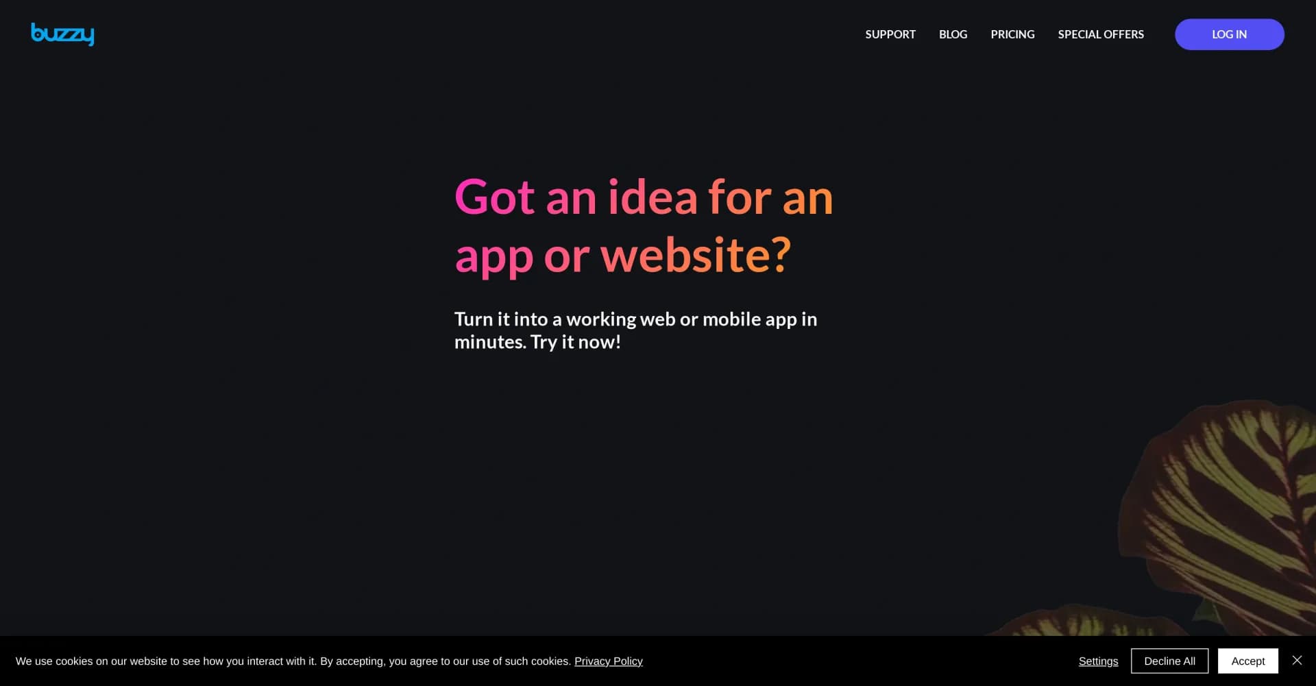 Buzzy homepage screenshot — Turn your idea into a high quality app in minutes.