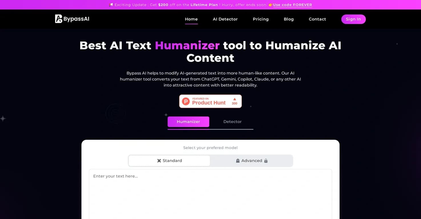 Bypass AI Humanizer homepage screenshot — Transform AI text into human-like content