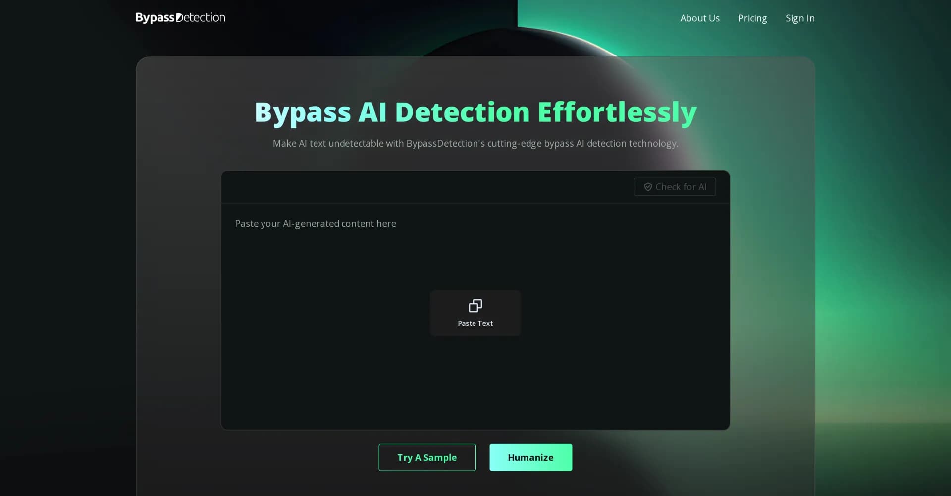 BypassDetection homepage screenshot — Make AI text undetectable with cutting-edge bypass technolog