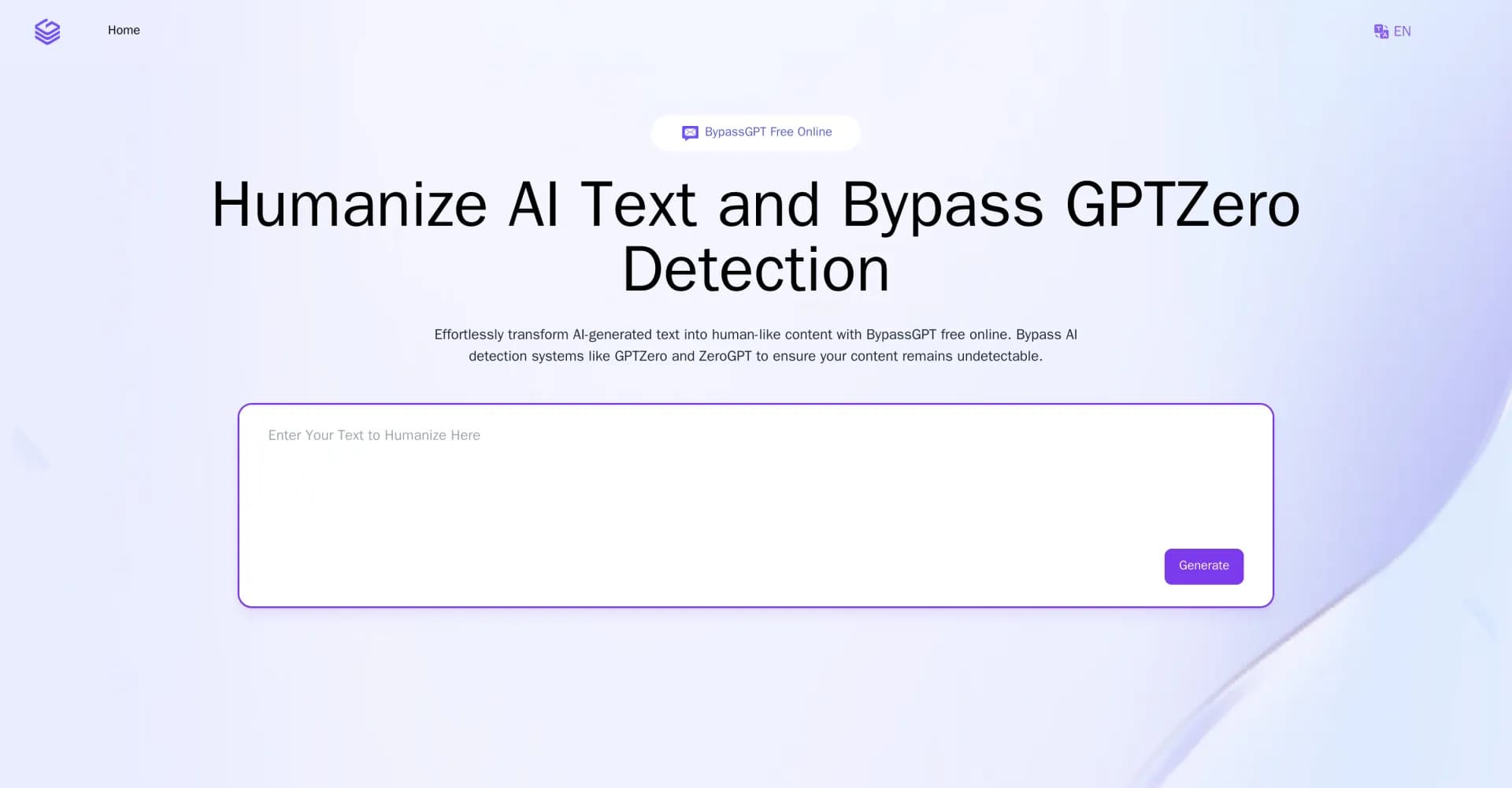 BypassGPT.co homepage screenshot — Humanize AI text to bypass detection tools.