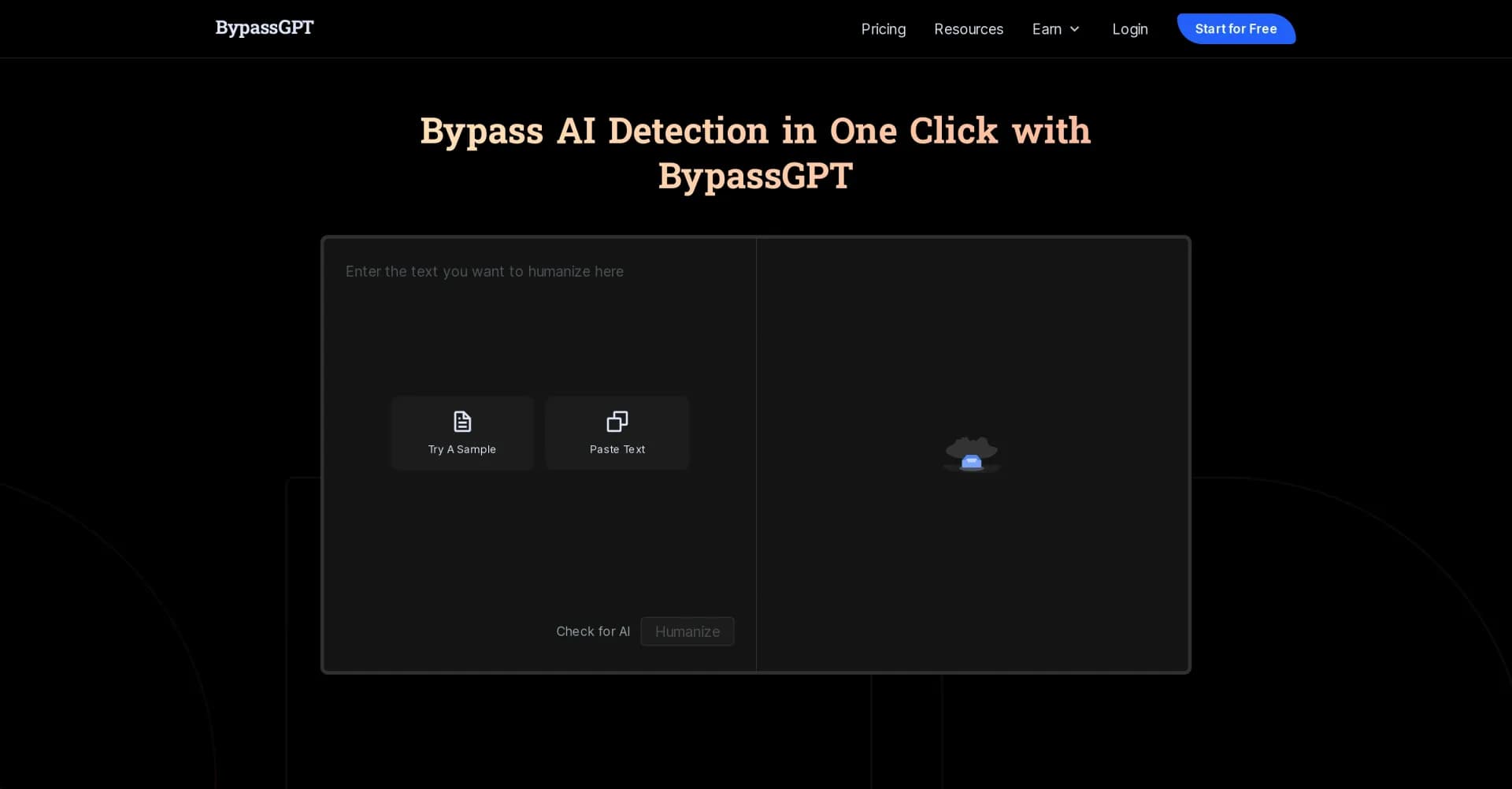 BypassGPT homepage screenshot — Make AI-generated content undetectable in one click.