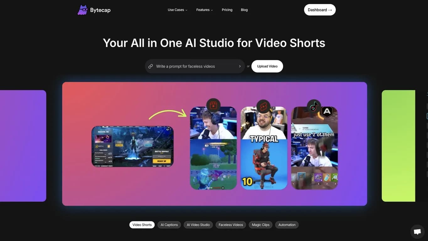 ByteCap homepage screenshot — Your All-in-One AI Studio for Video Shorts