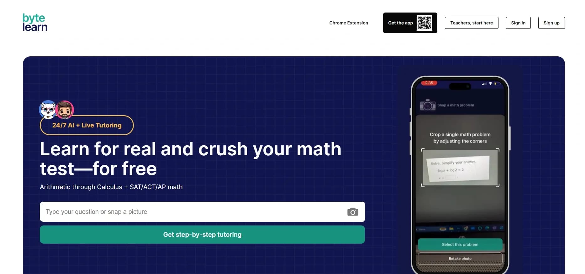 Bytelearn homepage screenshot — 24/7 instant math tutoring with AI and live experts