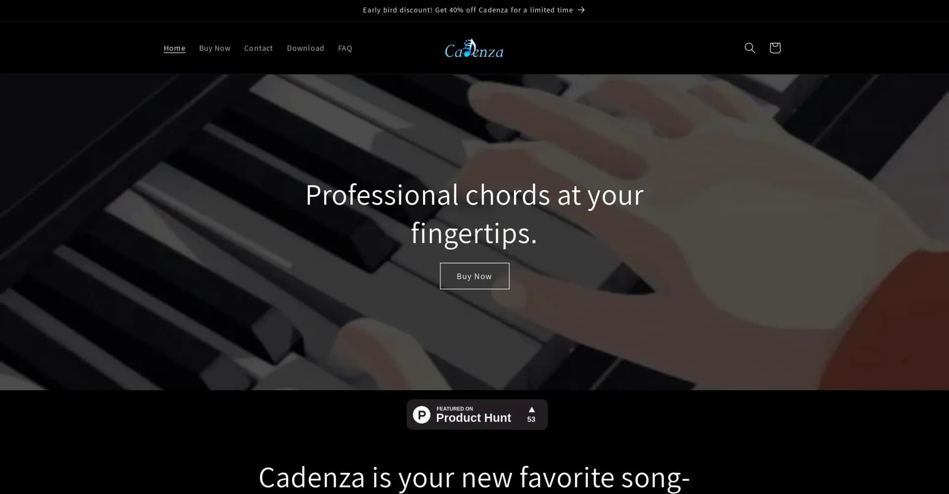 Cadenza Music homepage screenshot — Empower amateur producers with AI-driven music creation.