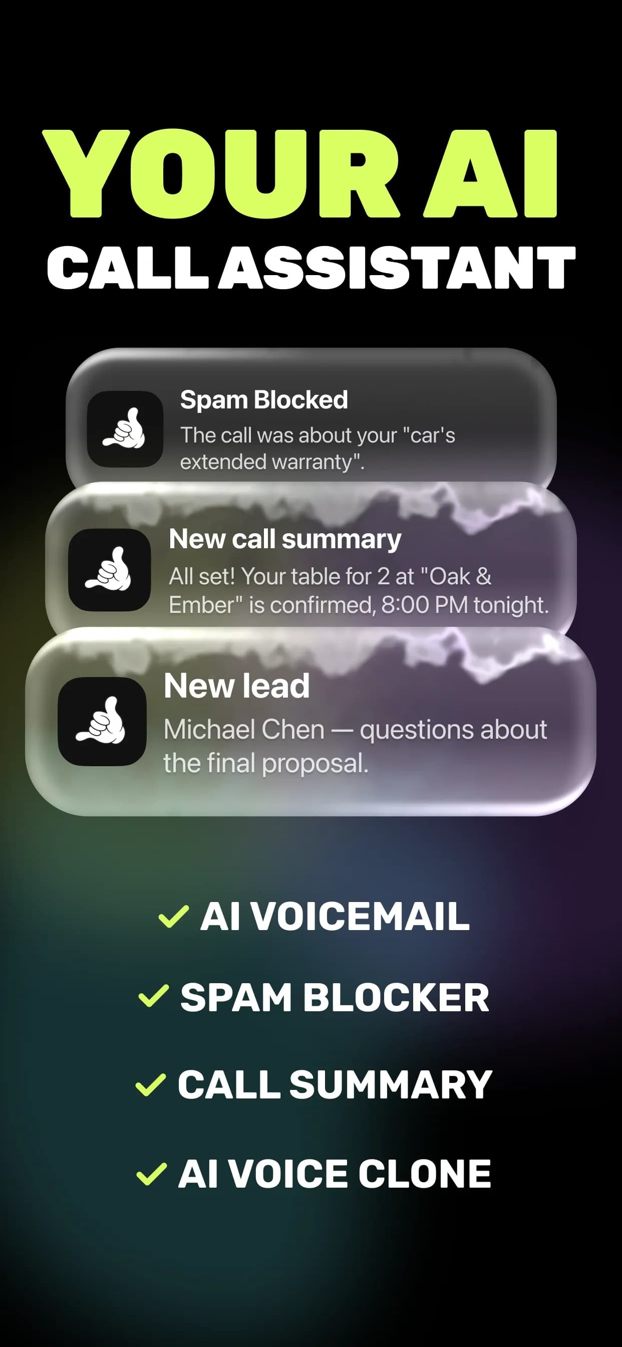 SkipCalls homepage screenshot — AI phone assistant that handles incoming & outgoing calls fo