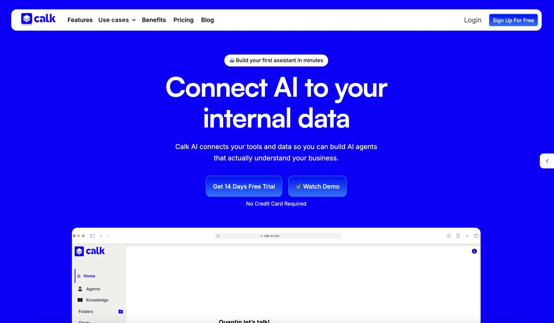 Calk AI homepage screenshot — Connect AI to your internal data to boost productivity.