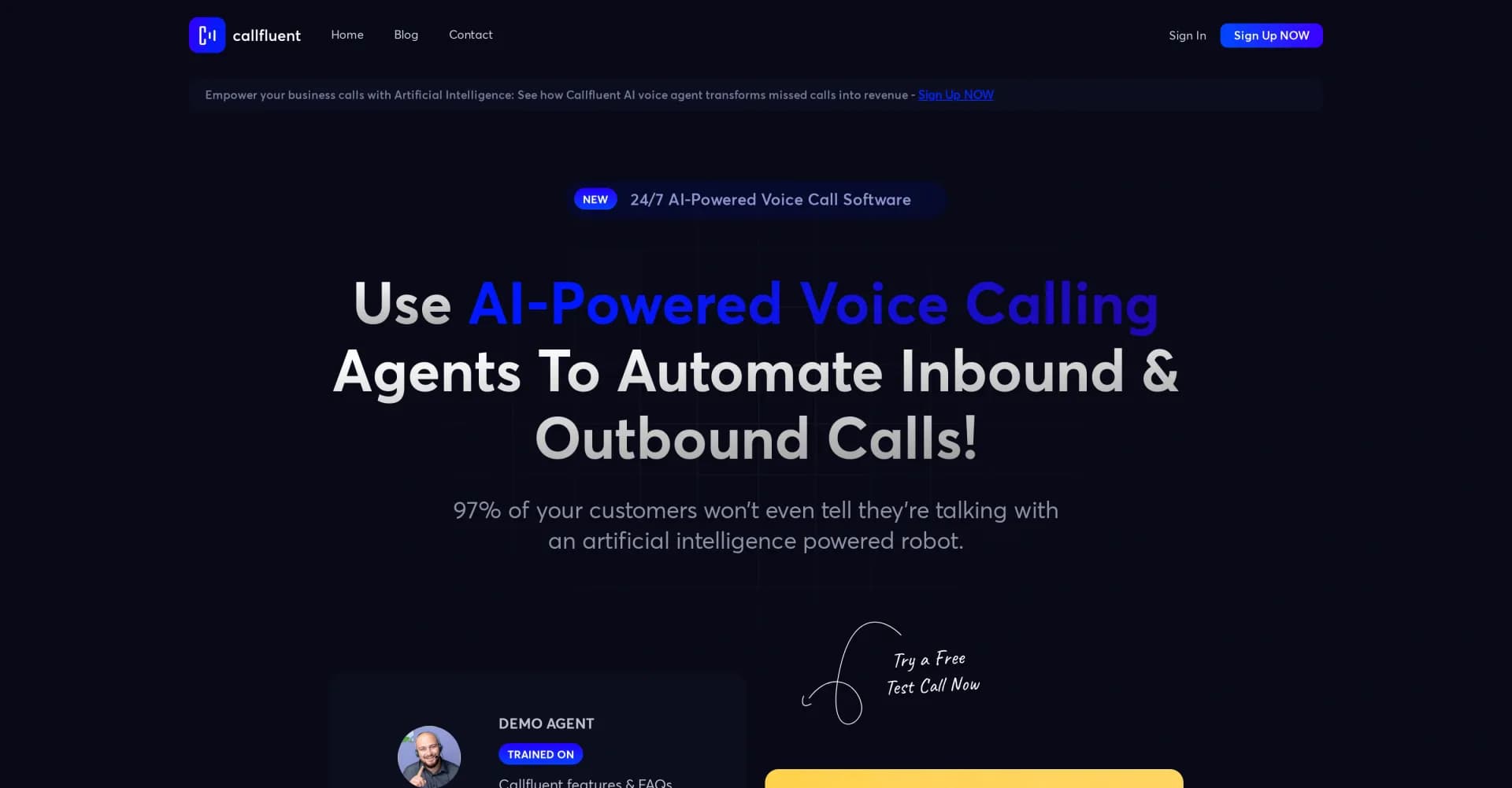 CallFluent homepage screenshot — Create AI voice agents for automated calls in seconds.