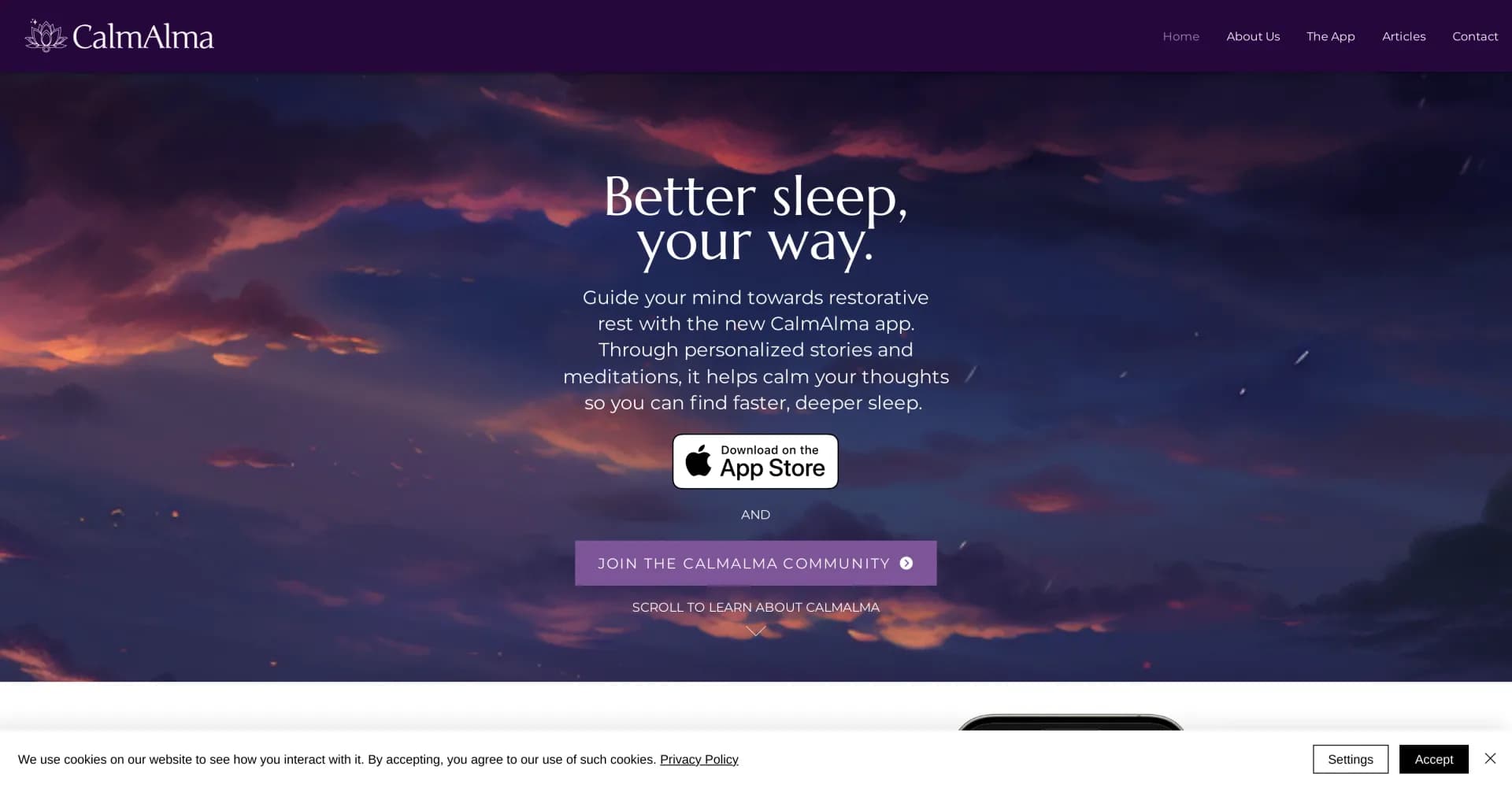 CalmAlma homepage screenshot — Guide your mind to restorative rest with personalized storie