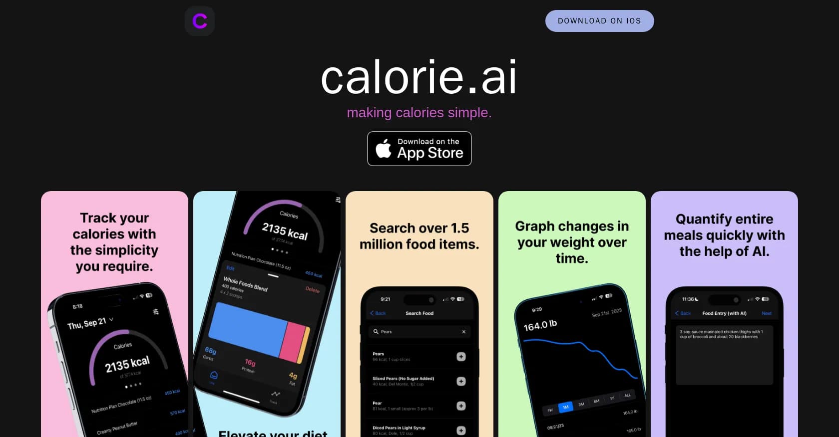 CalorieAI homepage screenshot — Making calories simple.