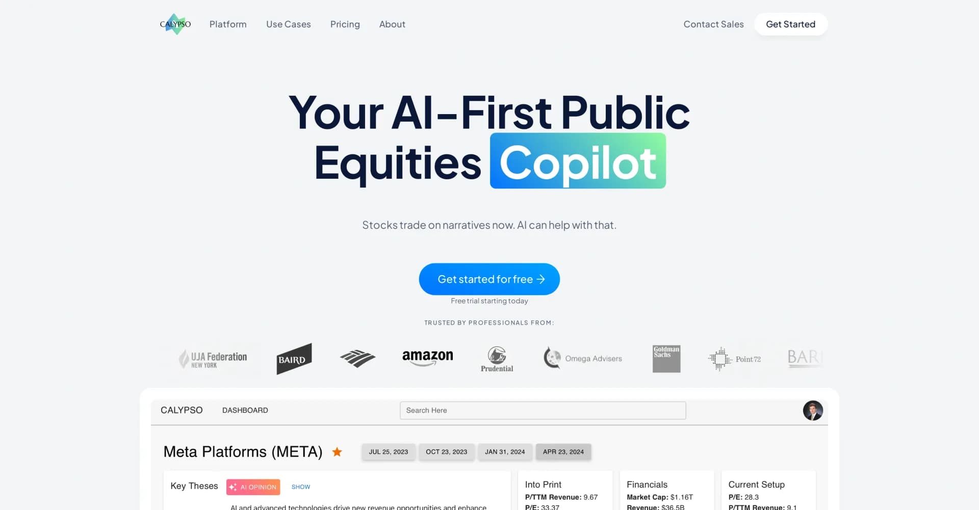 Calypso homepage screenshot — AI-powered copilot for public equities analysis