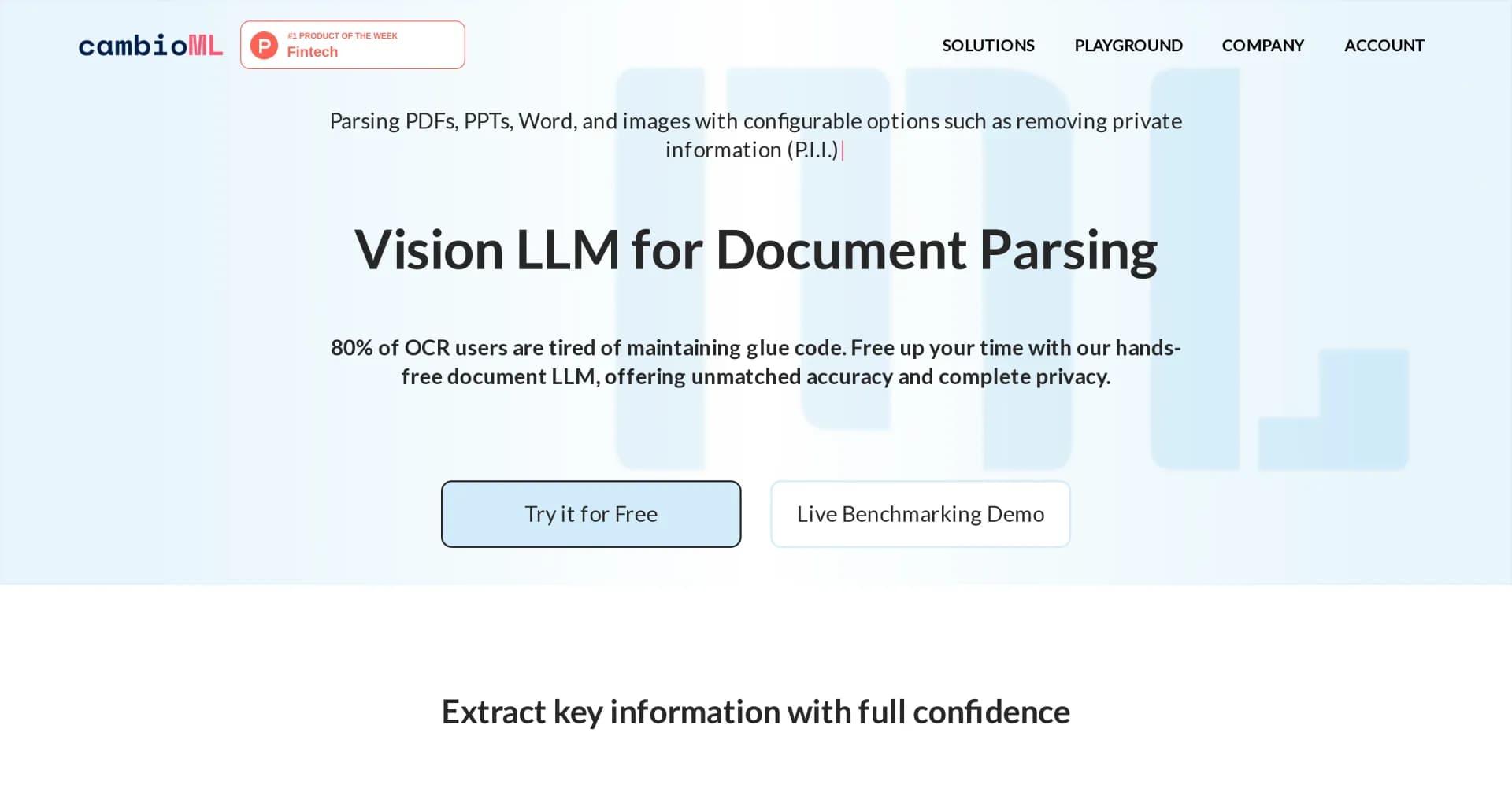 CambioML homepage screenshot — Extract hidden insights from documents with AI