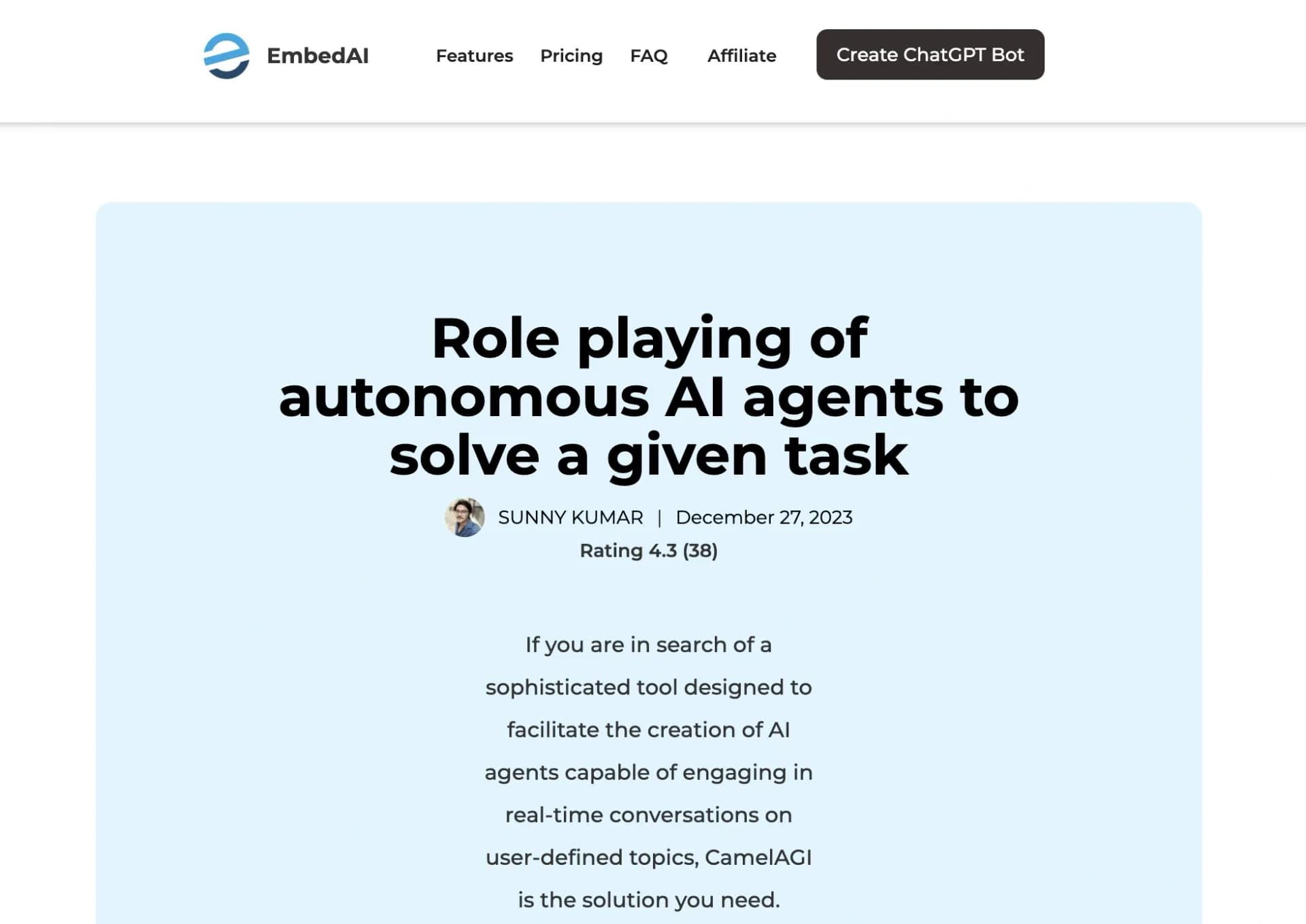 CamelAGI homepage screenshot — AI agents collaborate to solve tasks autonomously.