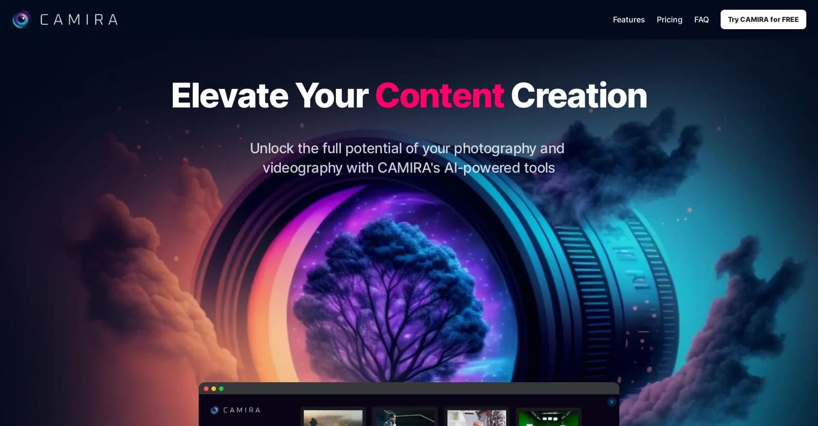 Camira homepage screenshot — AI-powered assistant for content creators