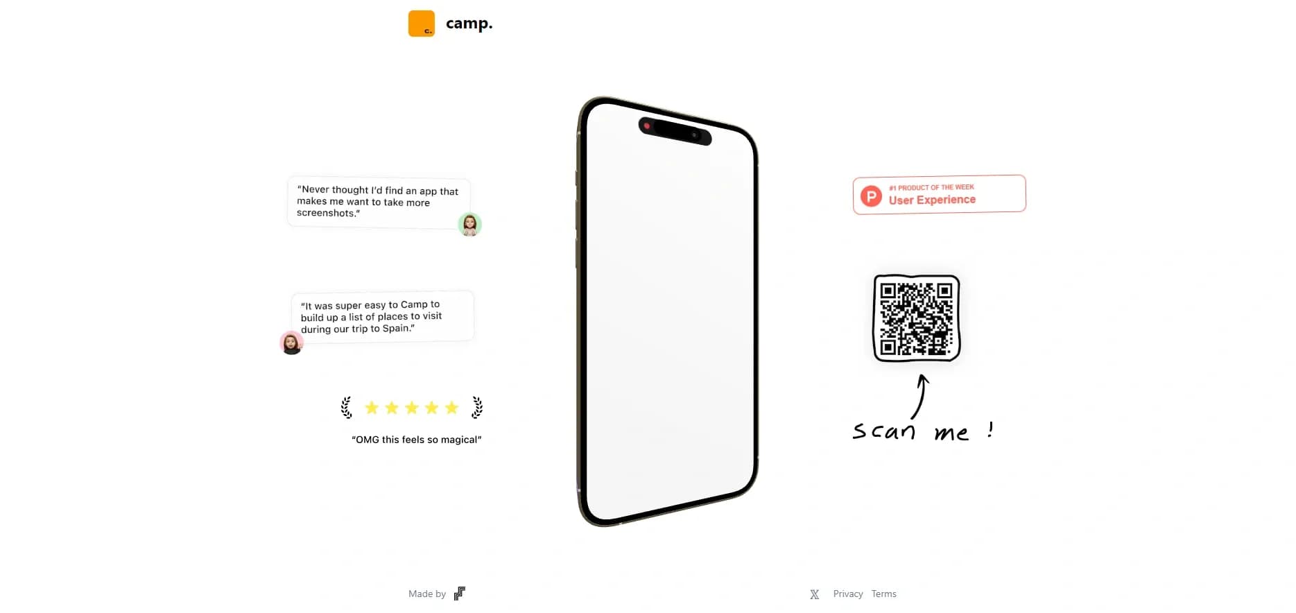 Camp homepage screenshot — Smarter screenshots that live beyond capture.