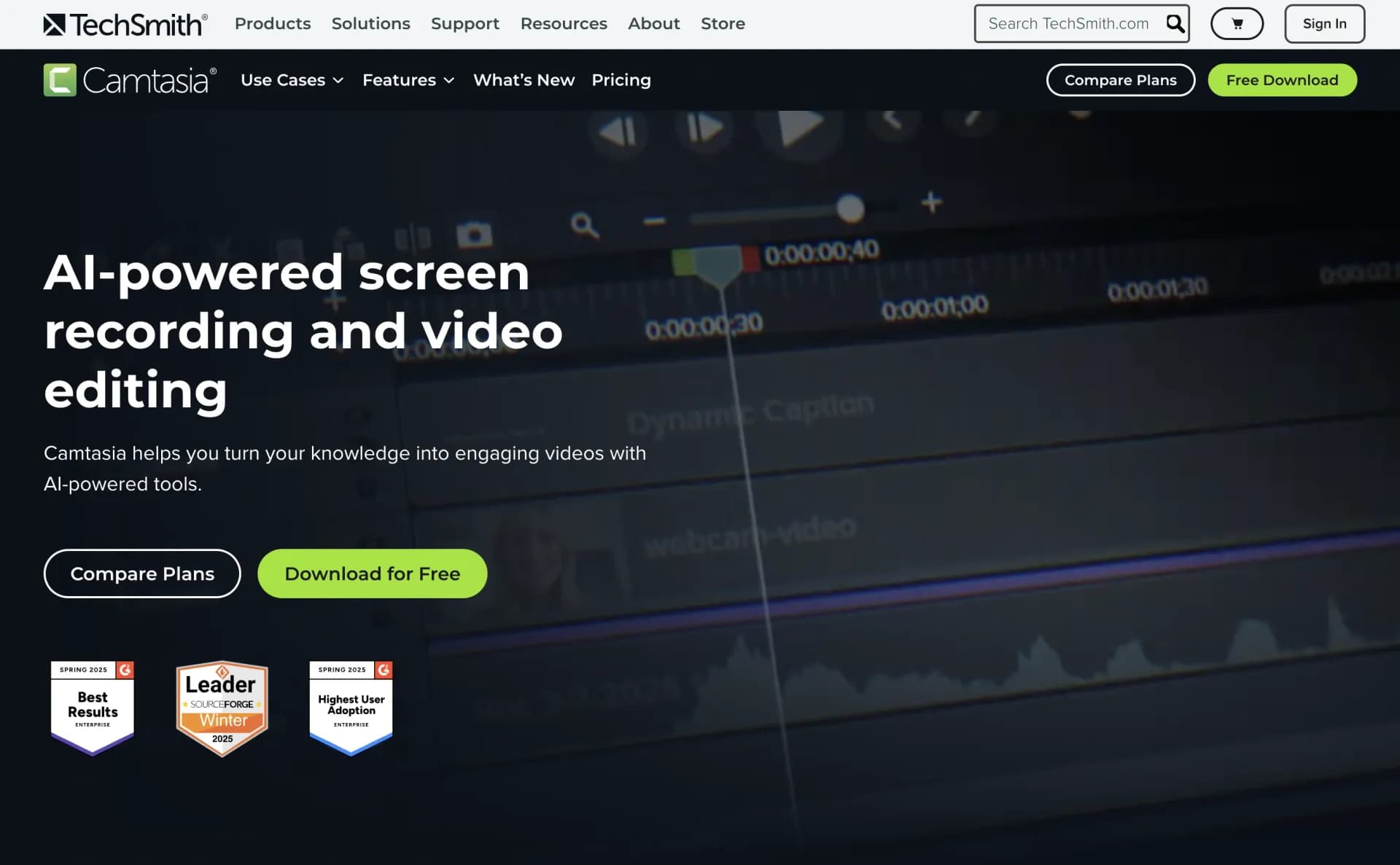 Camtasia homepage screenshot — Turn your knowledge into engaging videos with AI-powered too