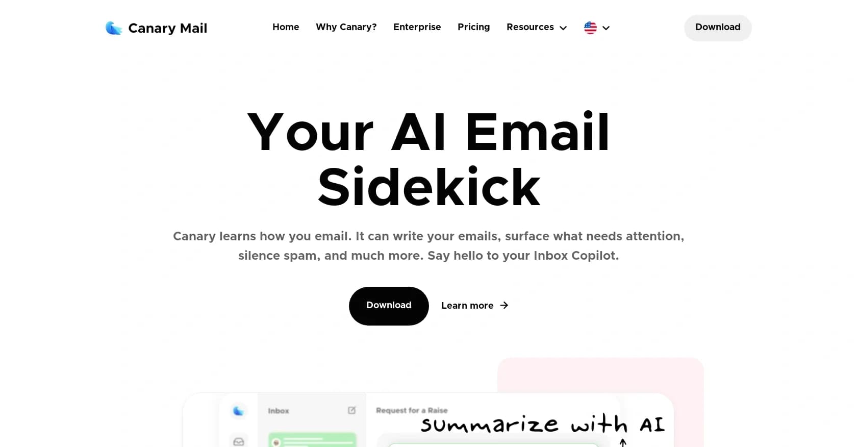 Canary Mail homepage screenshot — Automated productivity, content, and inbox management.