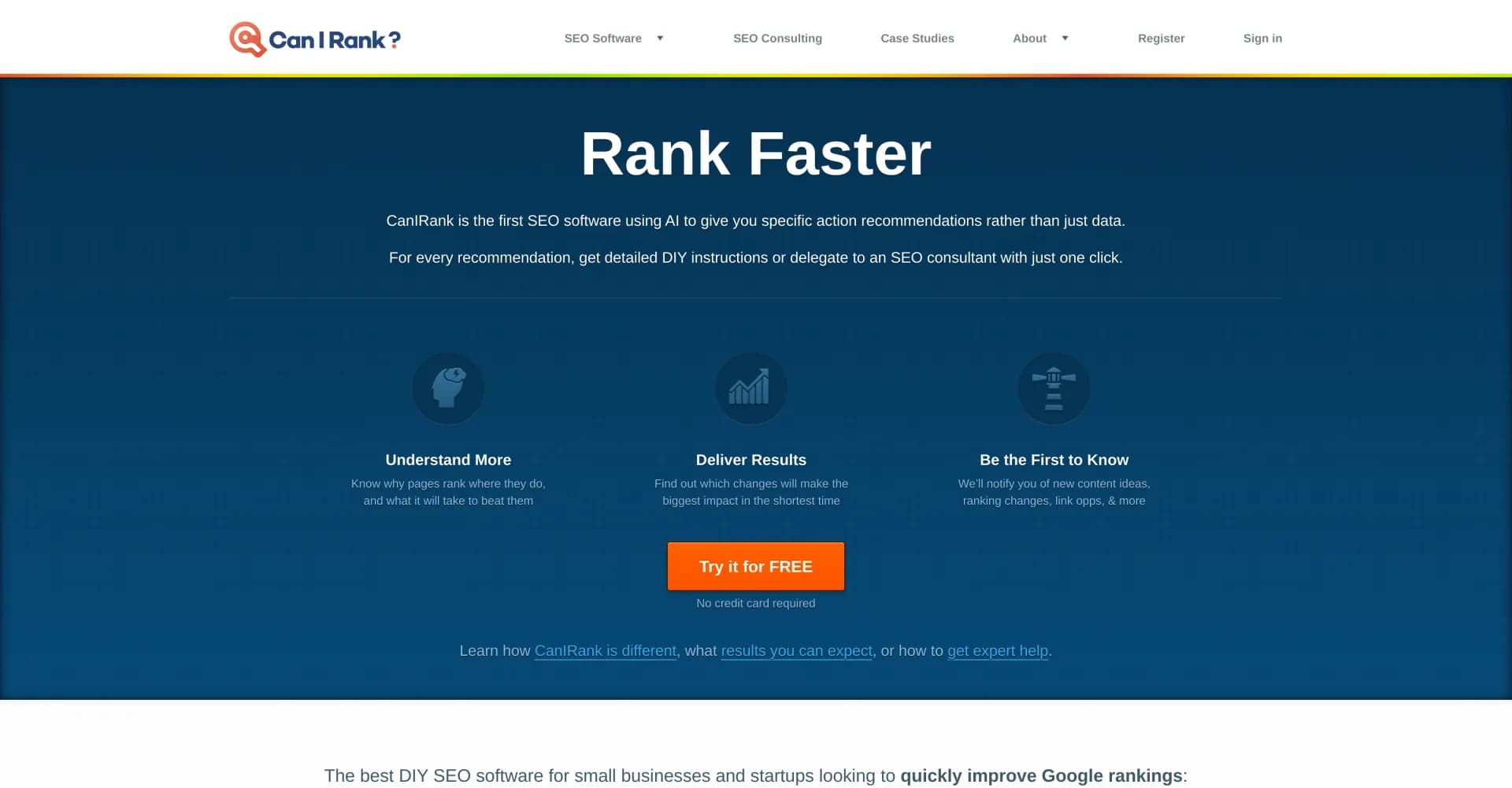 Canirank homepage screenshot — AI-powered SEO software with actionable recommendations.