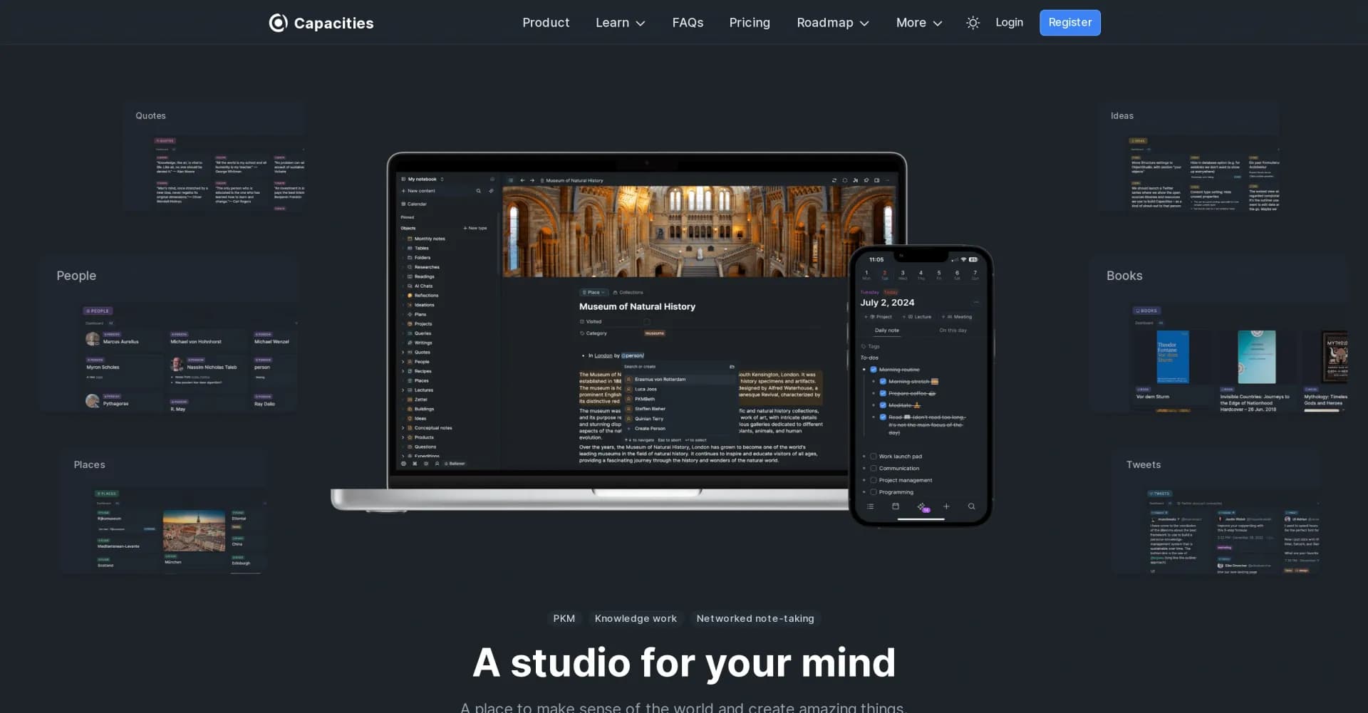 Capacities homepage screenshot — A studio for your mind