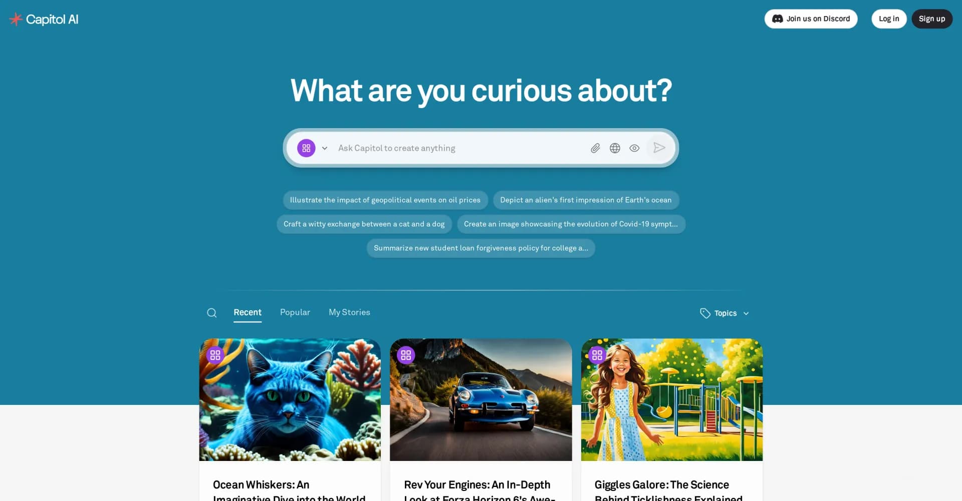 Capitol AI homepage screenshot — Turn curiosity into captivating stories with AI.
