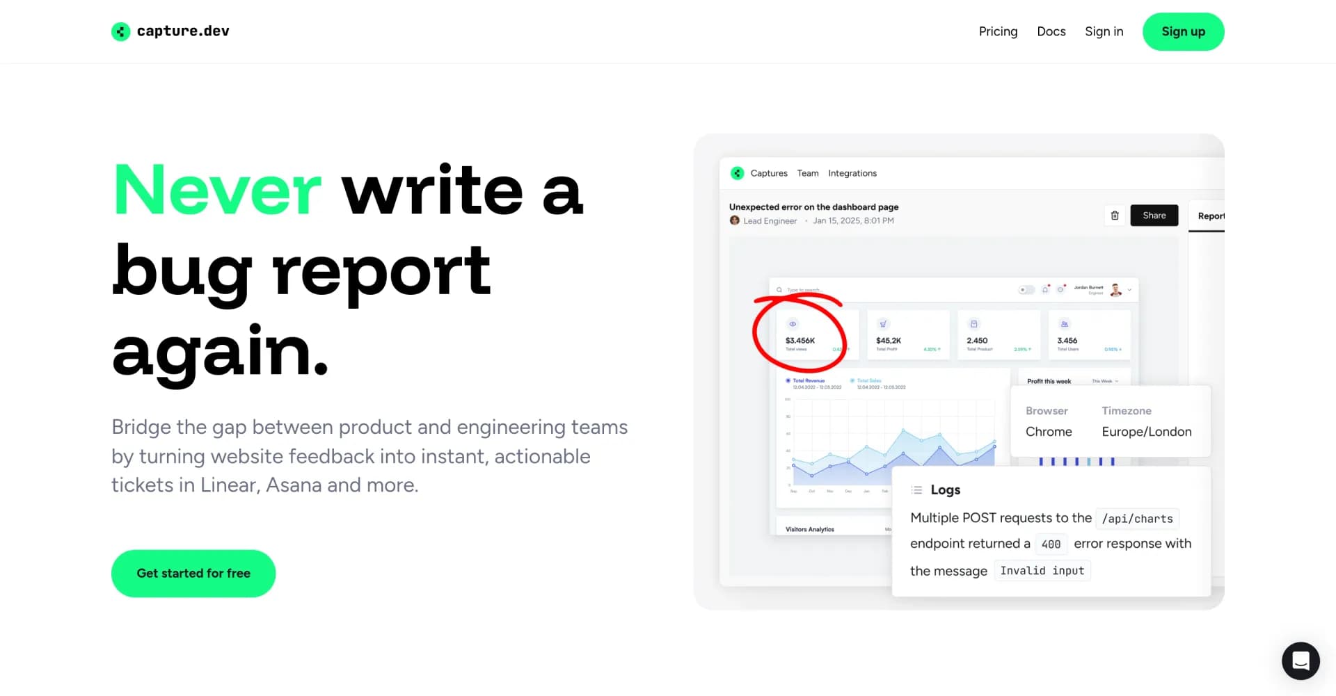 Capture.dev homepage screenshot — Instant, actionable, bug reports straight from your browser.