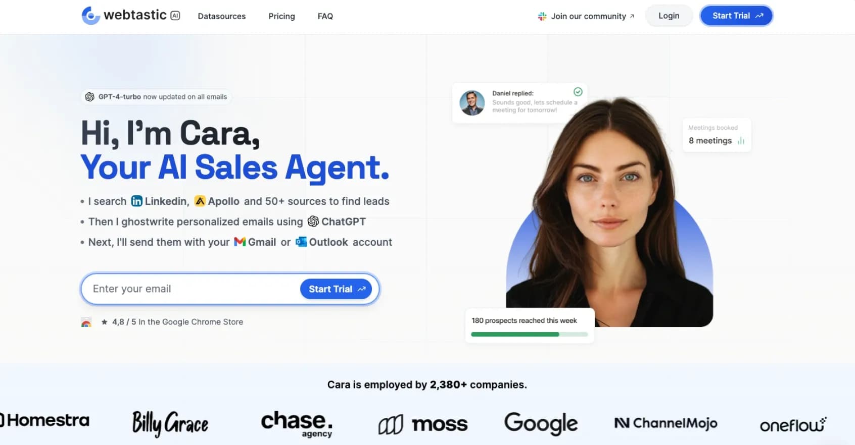 Cara by Webtastic AI homepage screenshot — Webtastic creates AI Sales Agents. Cara is specialized in Ou