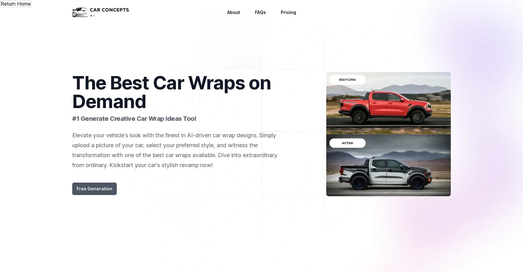 CarConceptsAI homepage screenshot — AI-powered car wrap designer for stunning vehicle makeovers.