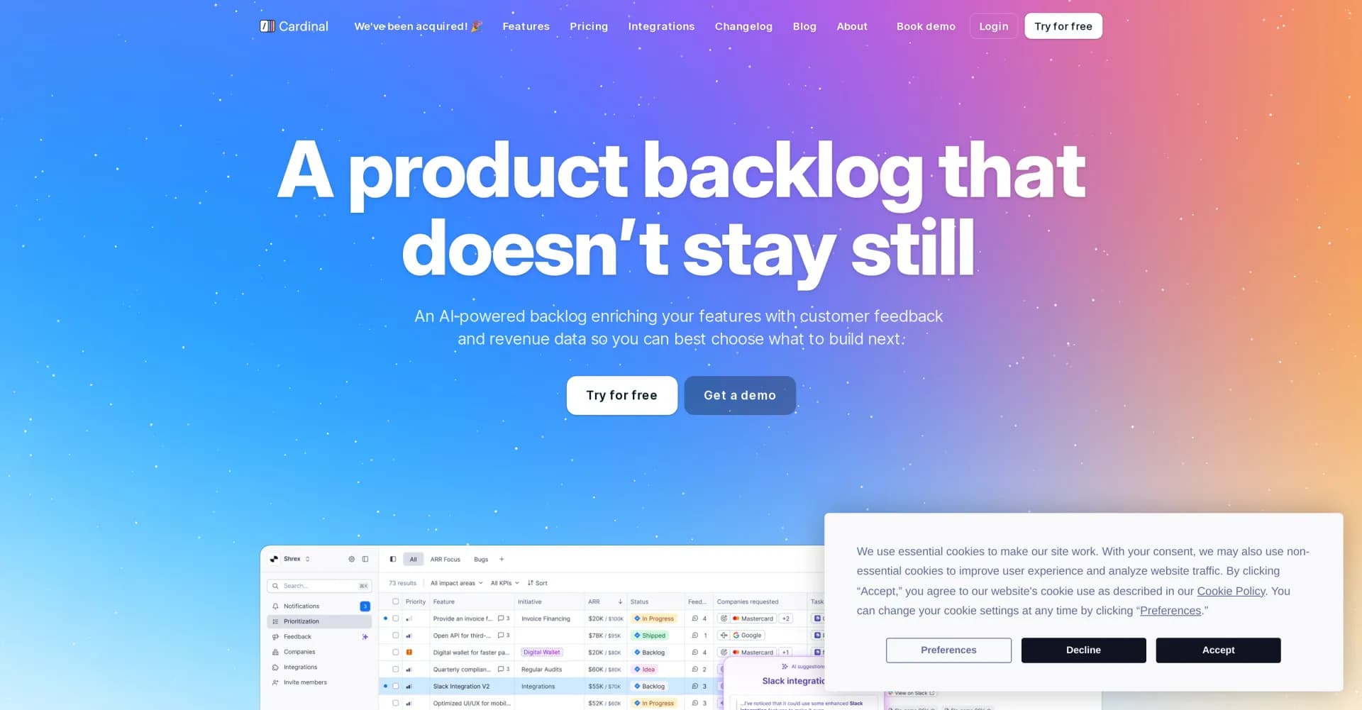Cardinal homepage screenshot — AI-powered backlog enriches features with customer feedback