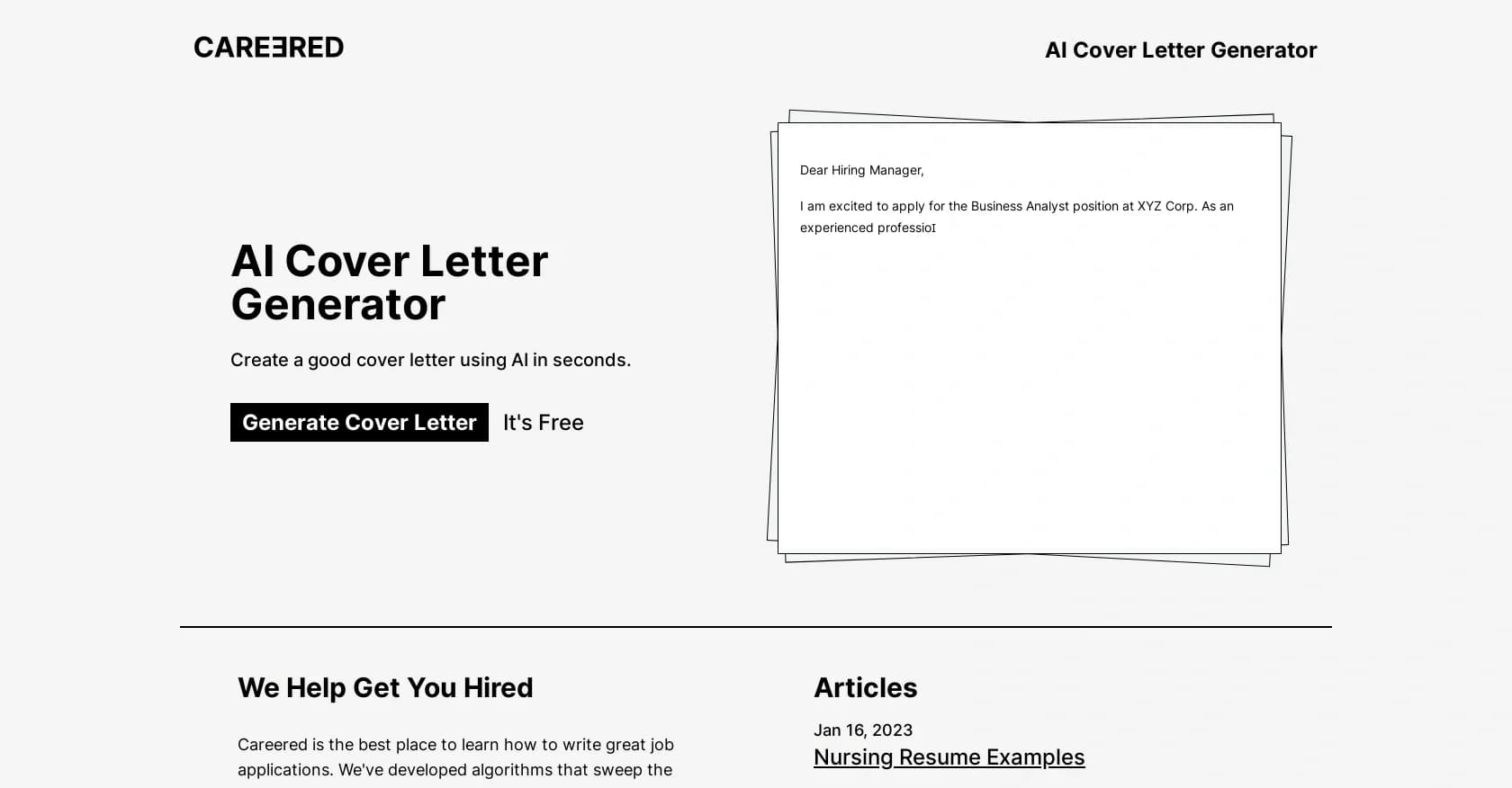 Careered homepage screenshot — Create stellar cover letters with AI in seconds