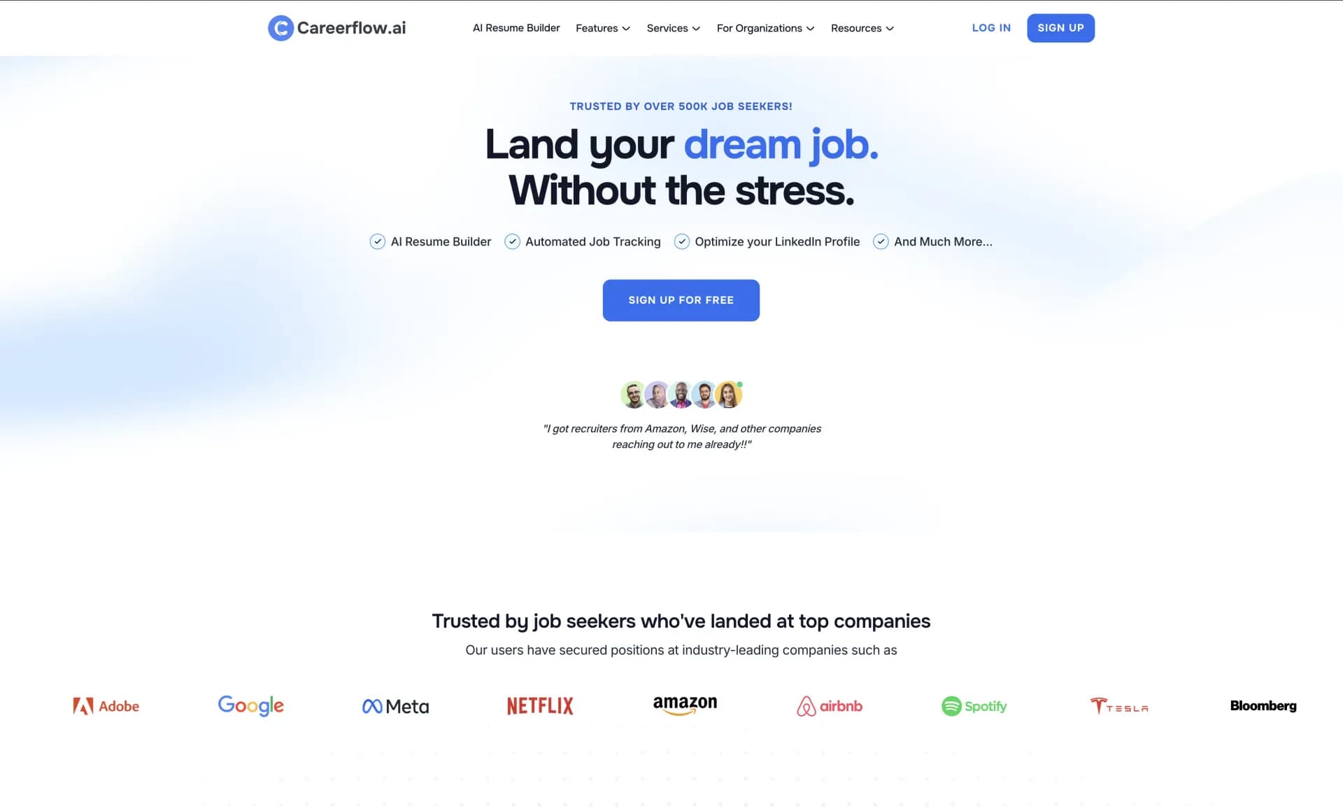 Careerflow homepage screenshot — Simplify job search with expert tools and insights