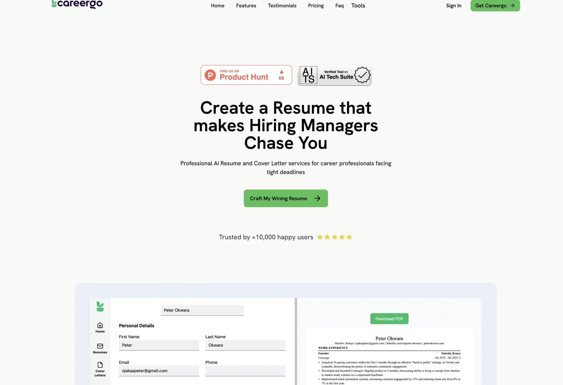 CareerGo homepage screenshot — Create job-winning resumes and cover letters with AI