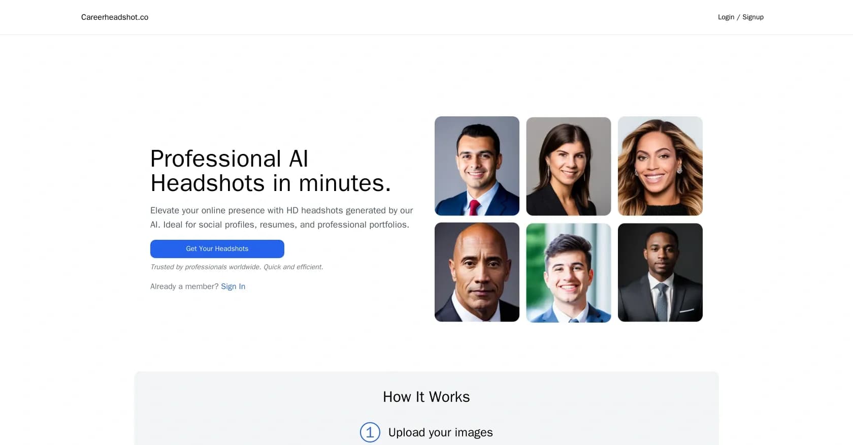 Careerheadshots homepage screenshot — AI-generated professional headshots in minutes