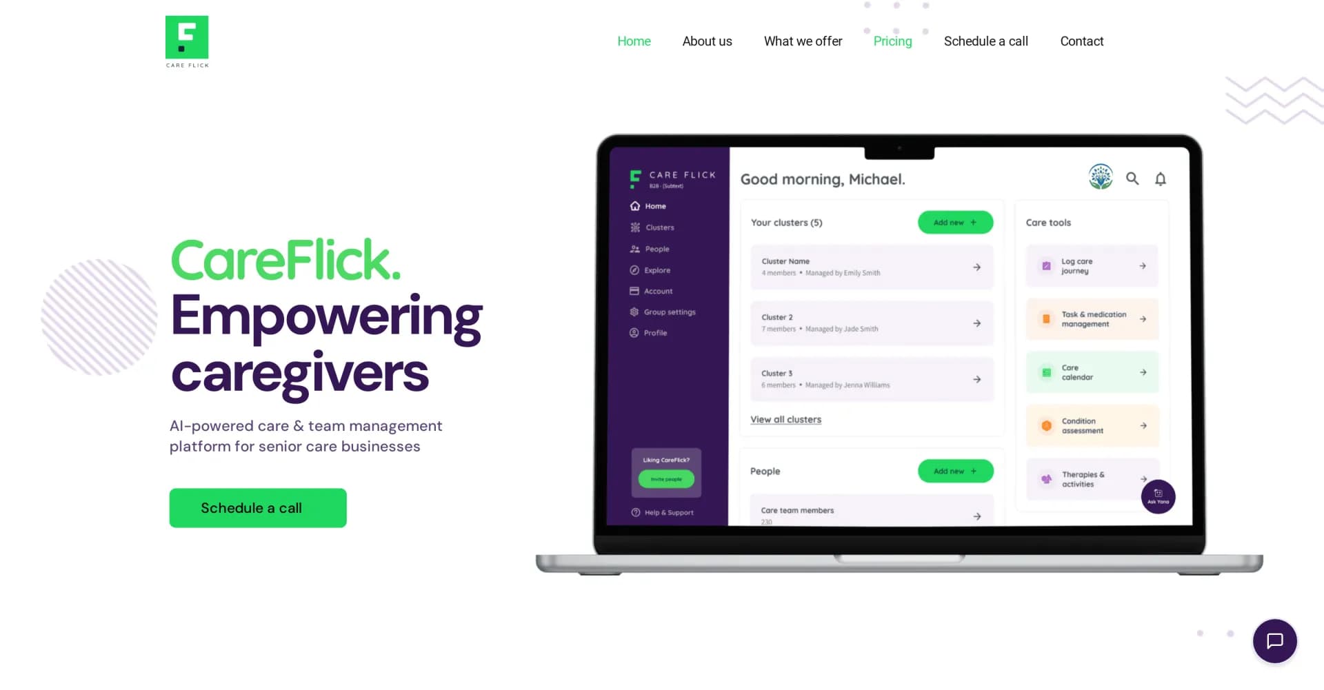 CareFlick homepage screenshot — AI-powered elder care and team management platform.