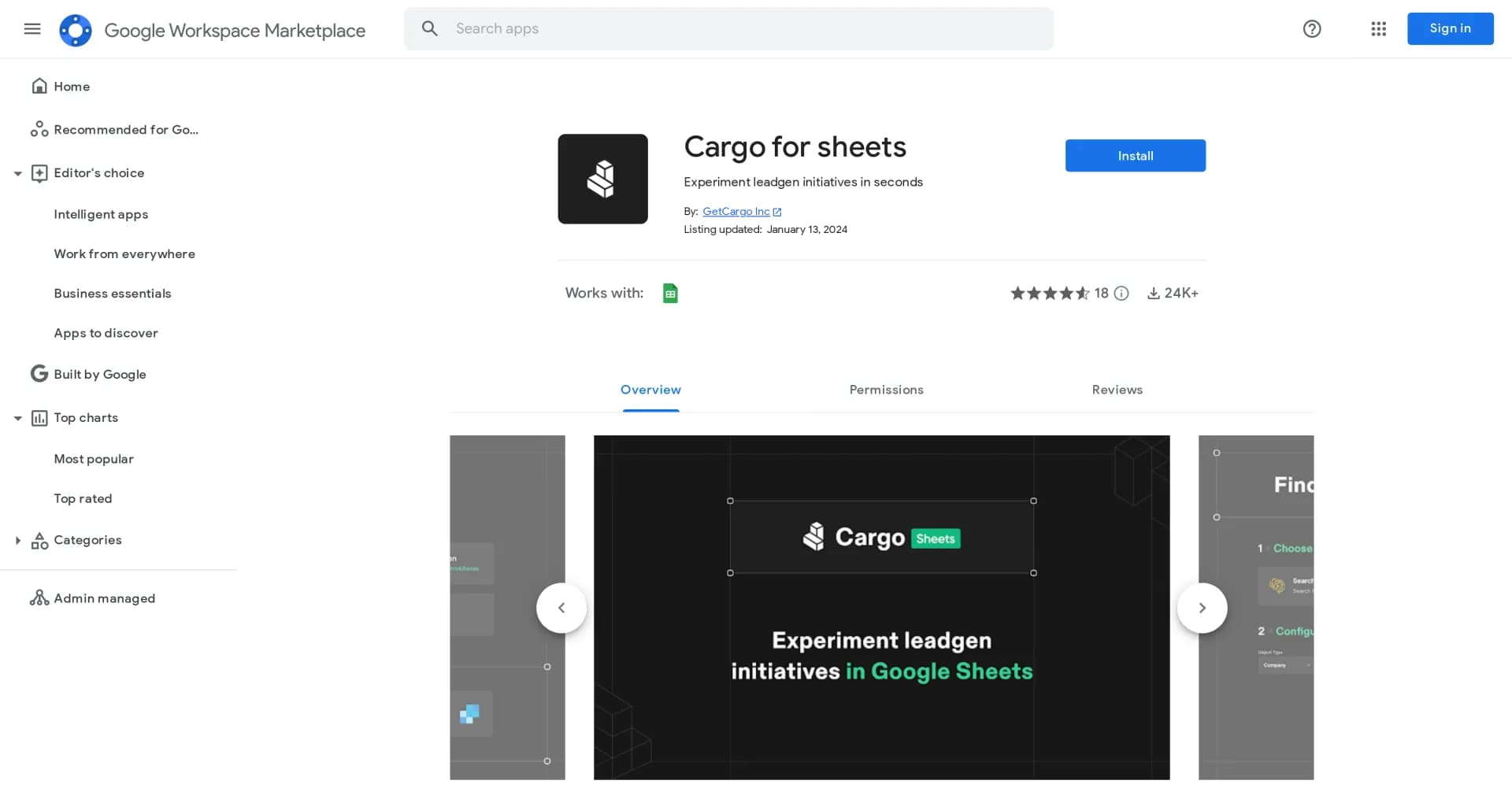 Cargo homepage screenshot — AI-powered addon for sales and marketers
