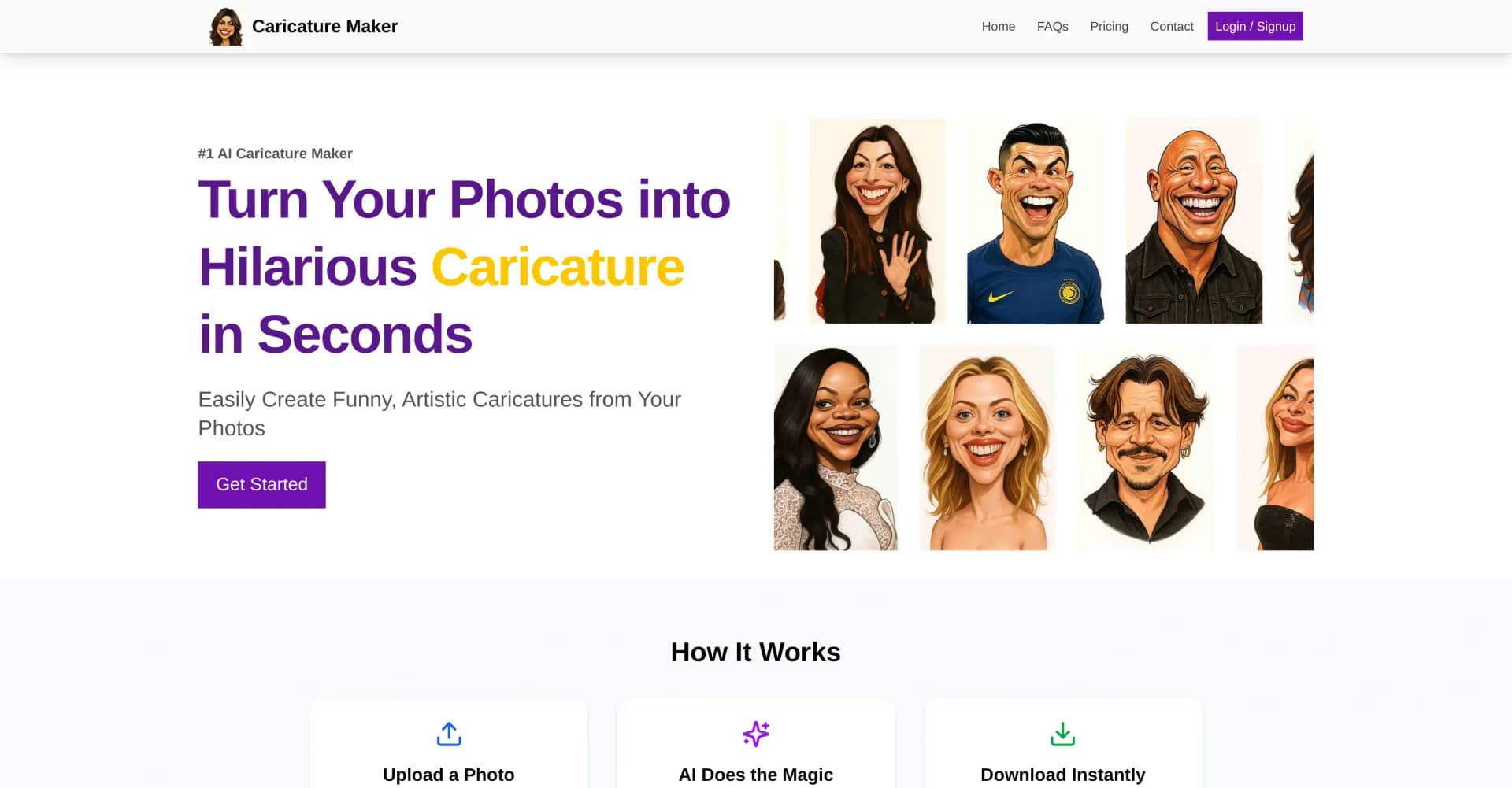 Caricature Maker homepage screenshot — Turn photos into hilarious caricatures instantly