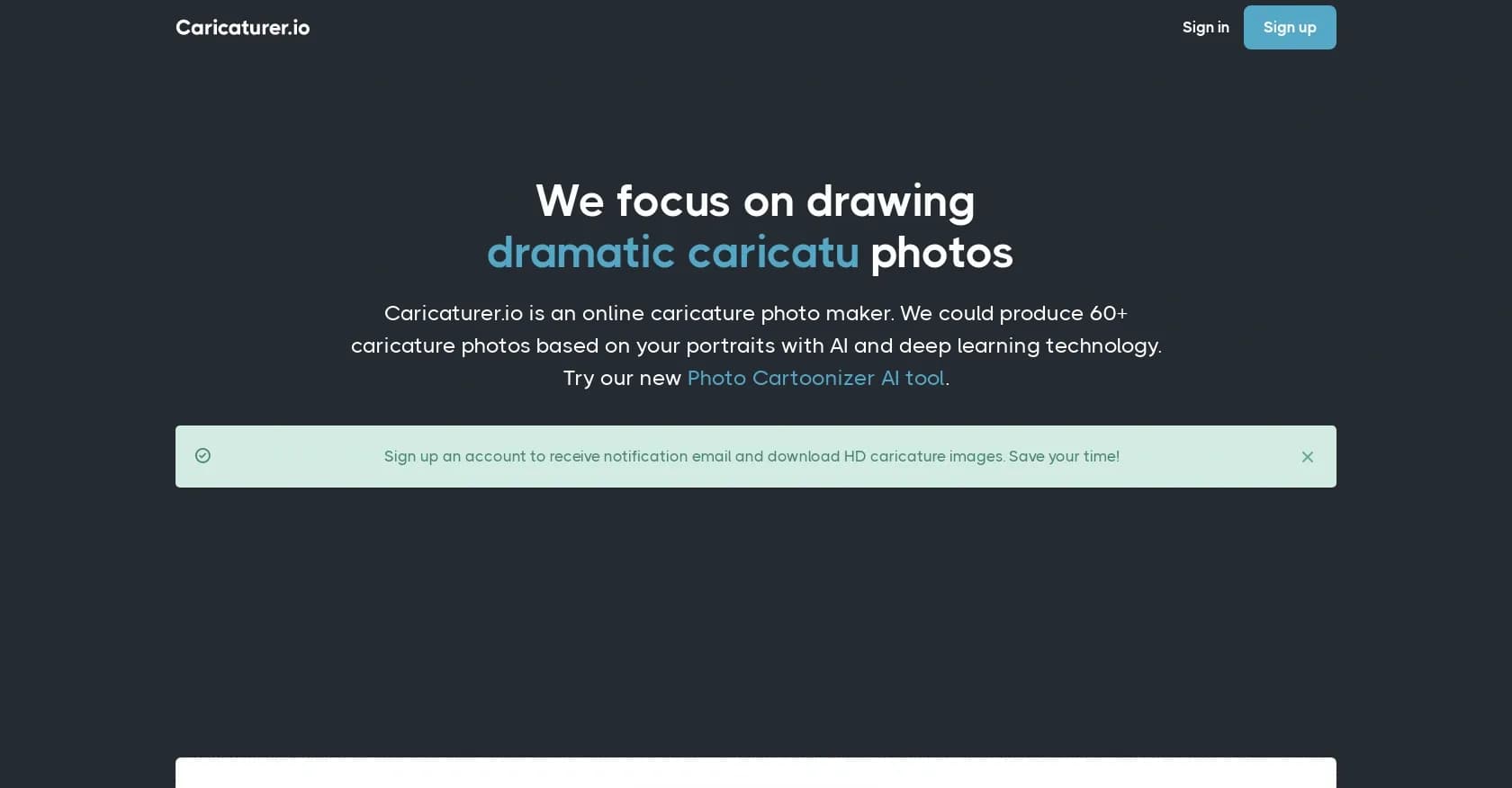 Caricaturer homepage screenshot — Convert photos to dramatic caricatures with AI