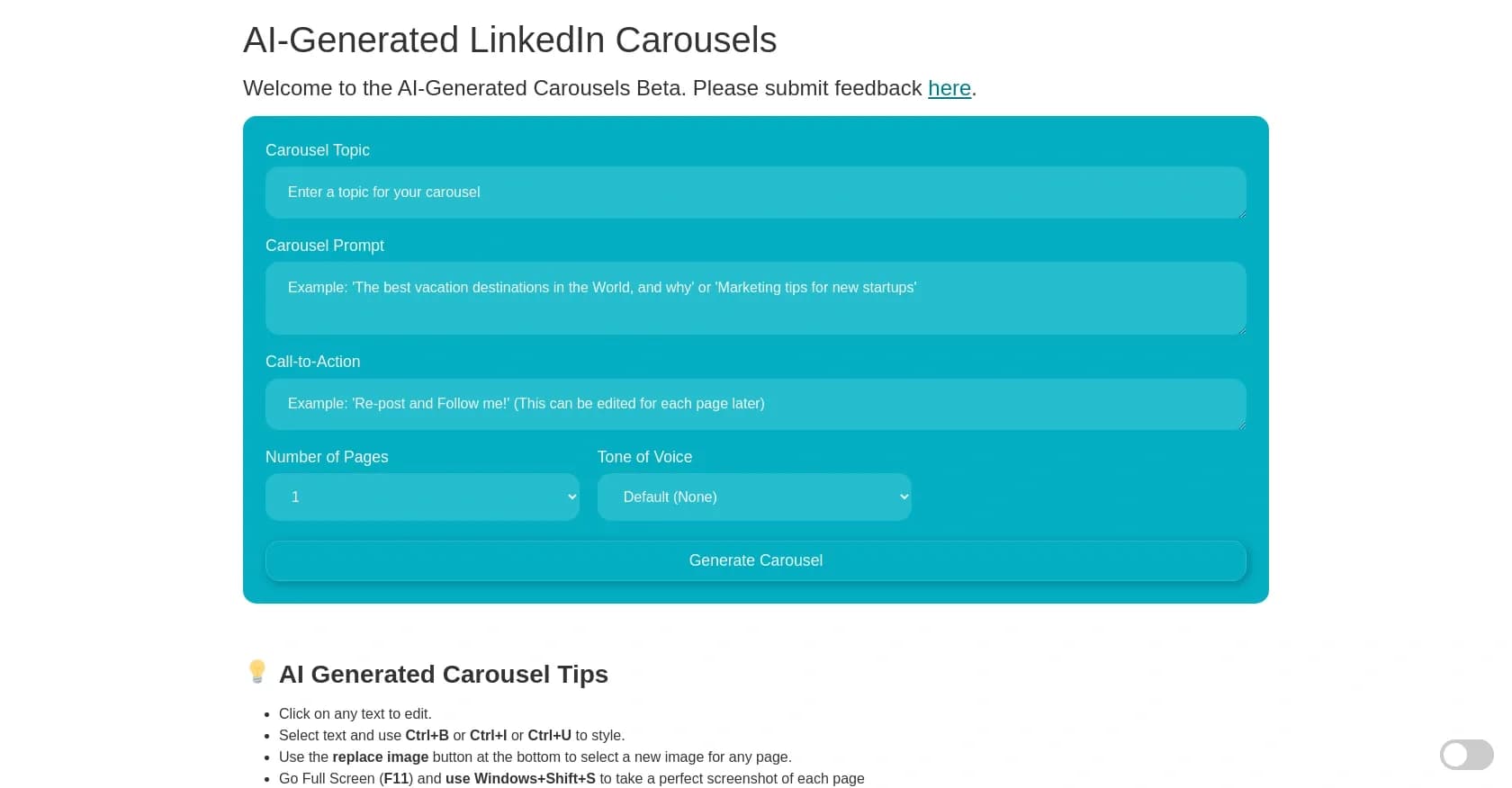 Carousel generator homepage screenshot — Create AI-generated LinkedIn carousels effortlessly.