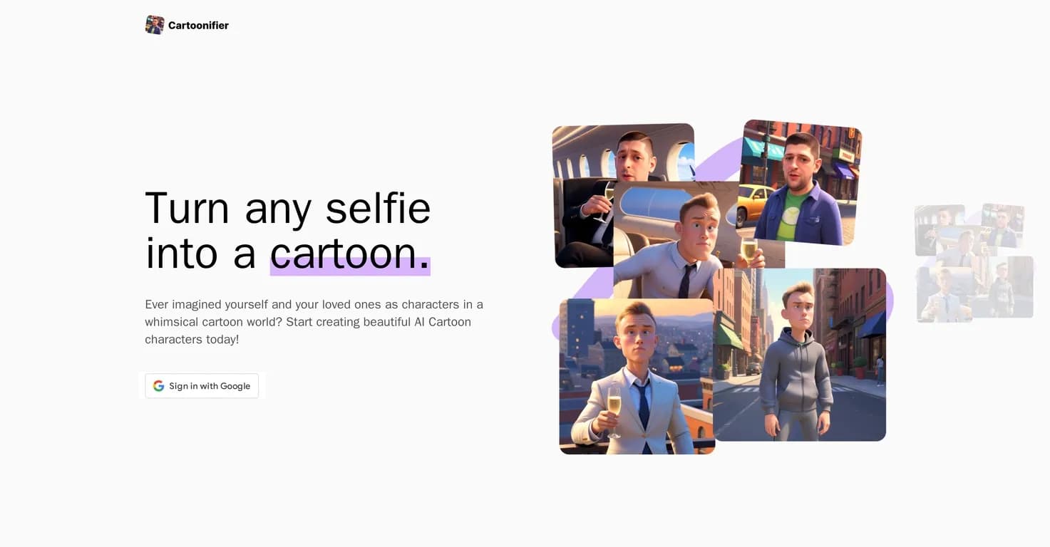 Cartoonifier homepage screenshot — Turn any selfie into a whimsical cartoon character.