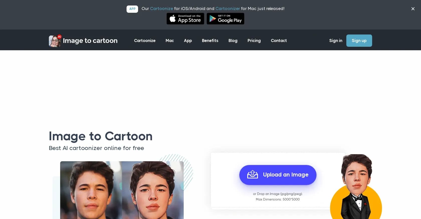 ImageToCartoon homepage screenshot — Transform photos into cartoons with AI.