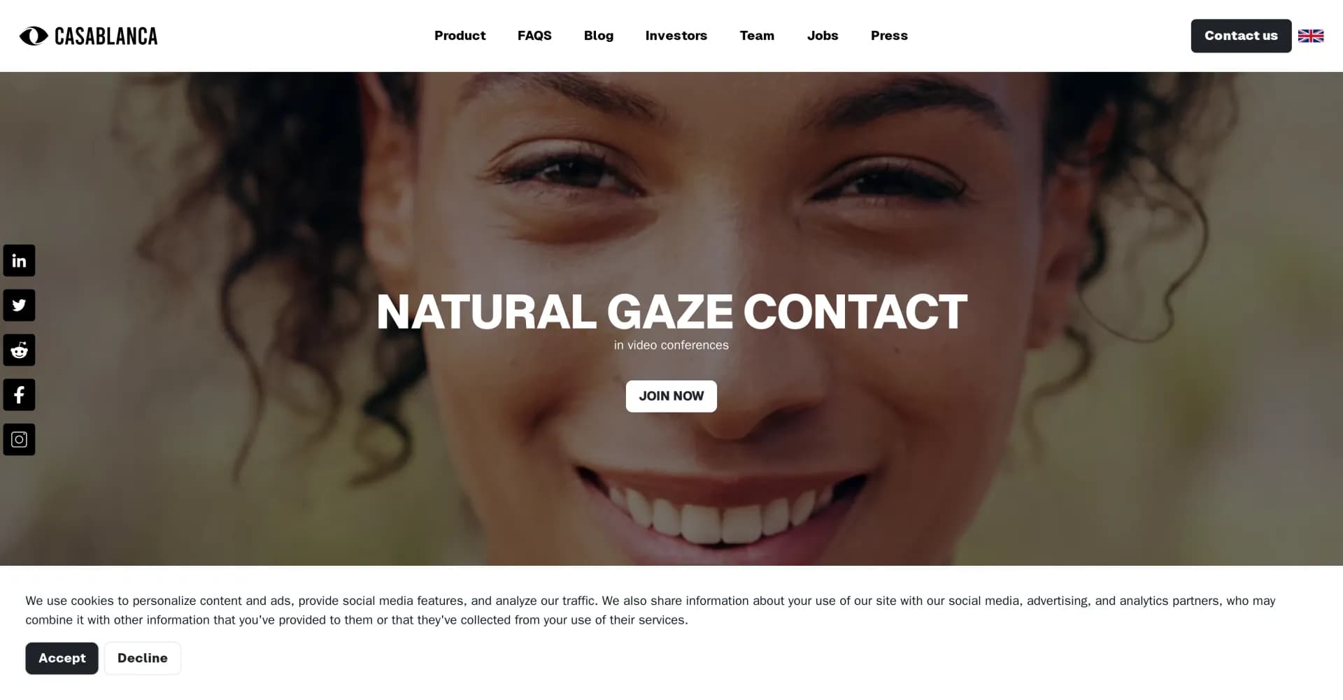 Casablanca homepage screenshot — Boost your Performance in Video Calls through Authentic Eye 