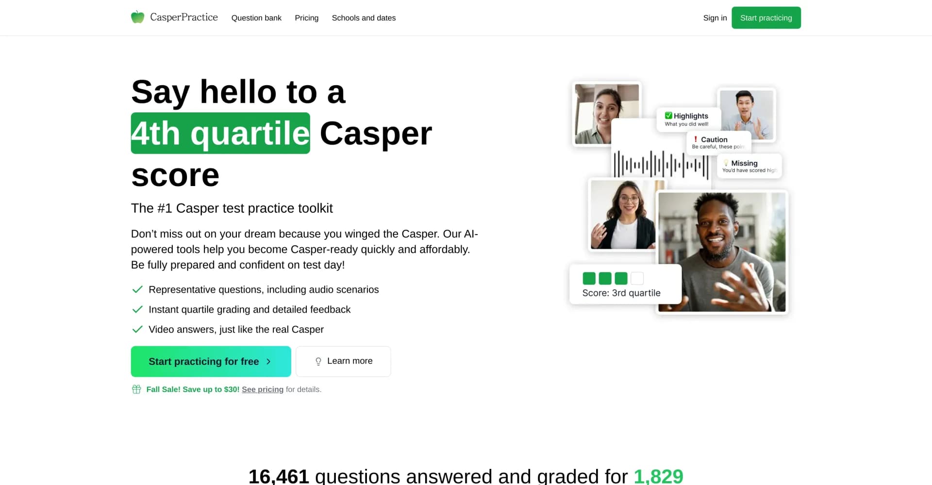 CasperPractice homepage screenshot — Ace your Casper test with AI-powered practice tools
