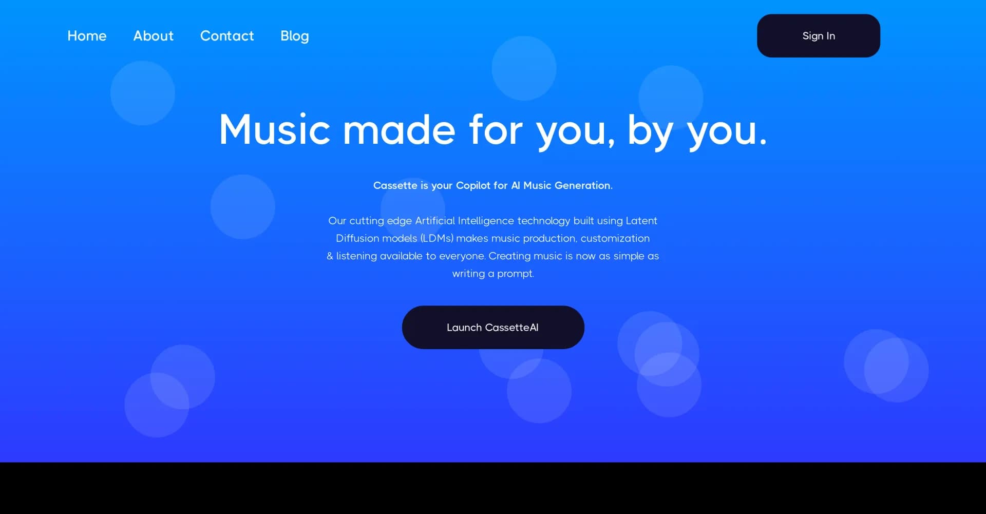 CassetteAI homepage screenshot — AI-powered music creation at your fingertips.