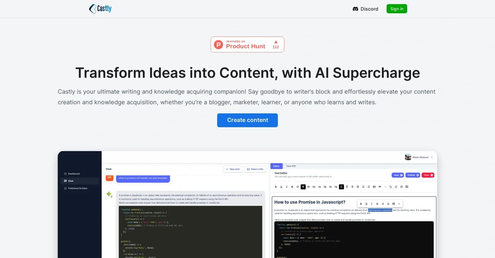 Castly homepage screenshot — Transform ideas into content with AI supercharge